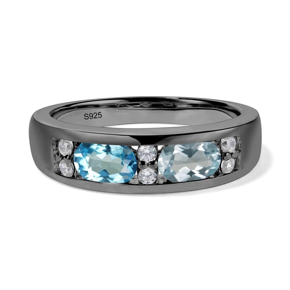 Oval Cut Aquamarine and Swiss Blue Topaz Toi Et Moi Wide Band Ring - LUO Jewelry #metal_black finish sterling silver