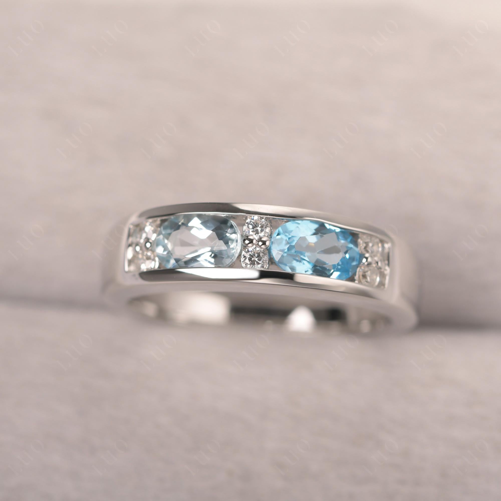 Oval Cut Aquamarine and Swiss Blue Topaz Toi Et Moi Wide Band Ring - LUO Jewelry