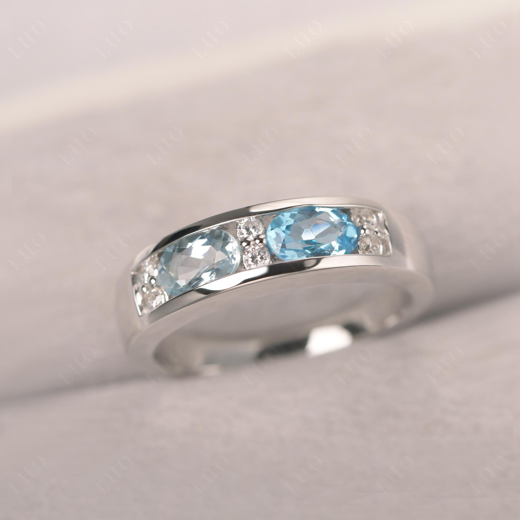 Oval Cut Aquamarine and Swiss Blue Topaz Toi Et Moi Wide Band Ring - LUO Jewelry