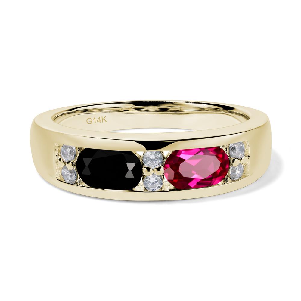 Oval Cut Black Spinel and Ruby Toi Et Moi Wide Band Ring - LUO Jewelry #metal_14k yellow gold