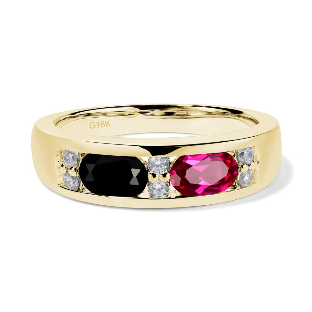 Oval Cut Black Spinel and Ruby Toi Et Moi Wide Band Ring - LUO Jewelry #metal_18k yellow gold