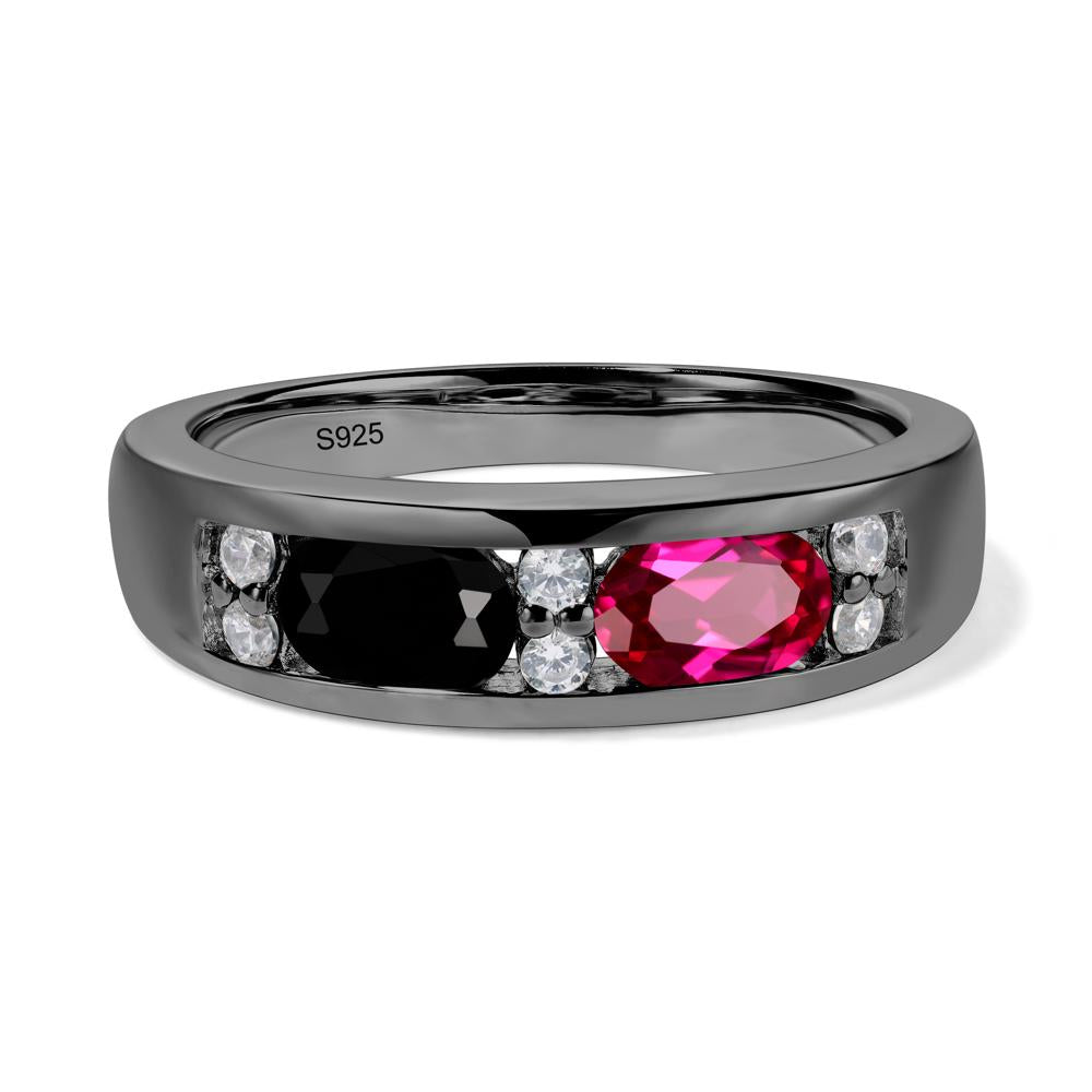 Oval Cut Black Spinel and Ruby Toi Et Moi Wide Band Ring - LUO Jewelry #metal_black finish sterling silver