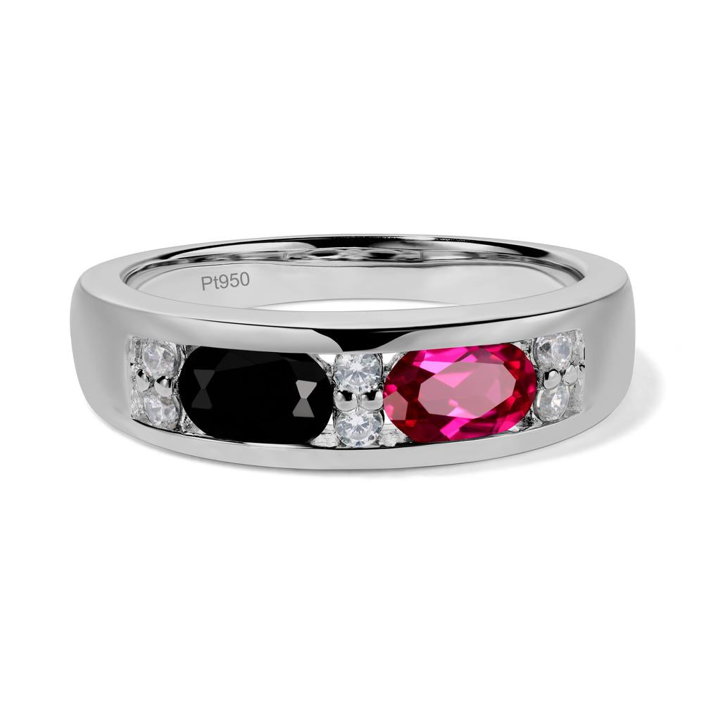 Oval Cut Black Spinel and Ruby Toi Et Moi Wide Band Ring - LUO Jewelry #metal_platinum