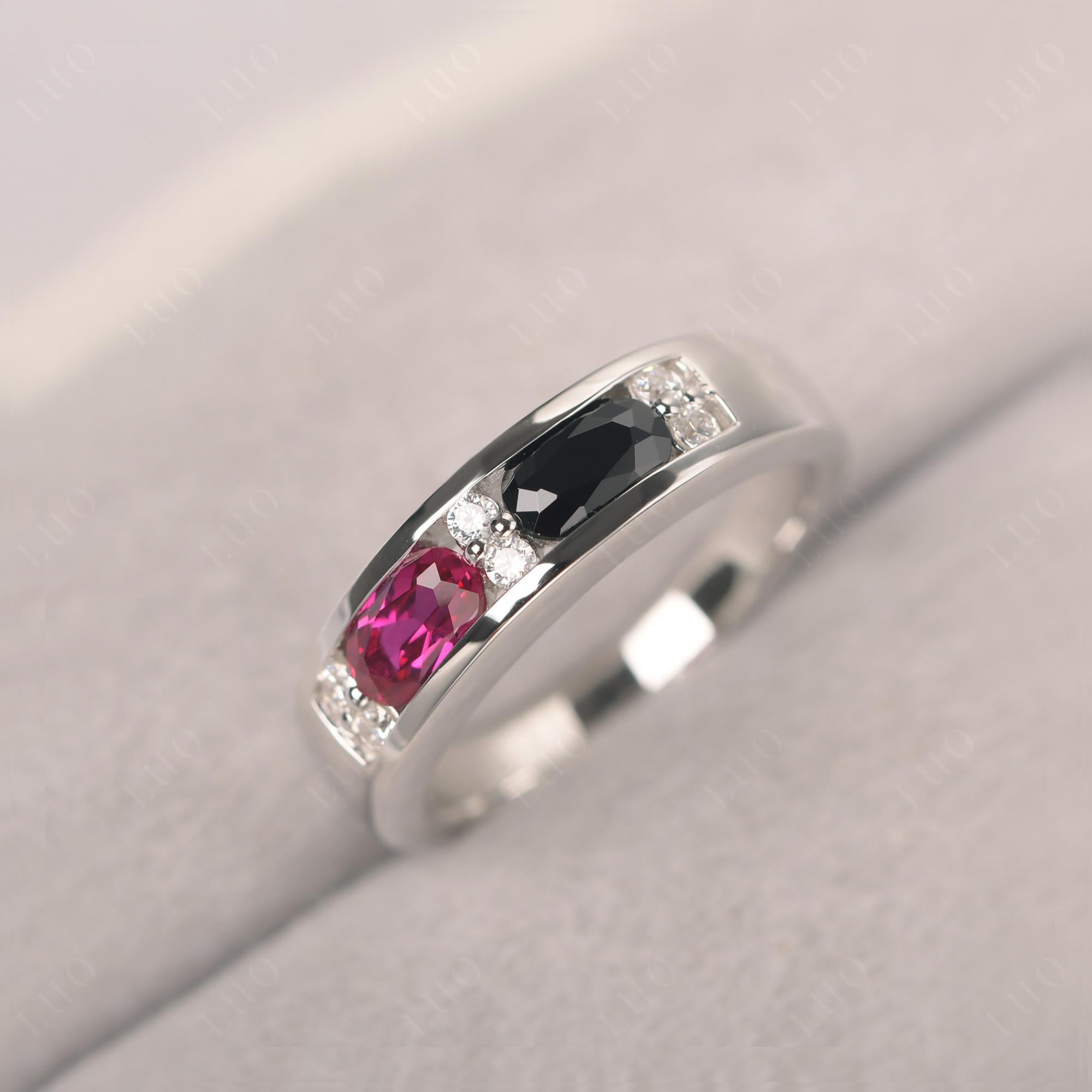 Oval Cut Black Spinel and Ruby Toi Et Moi Wide Band Ring - LUO Jewelry