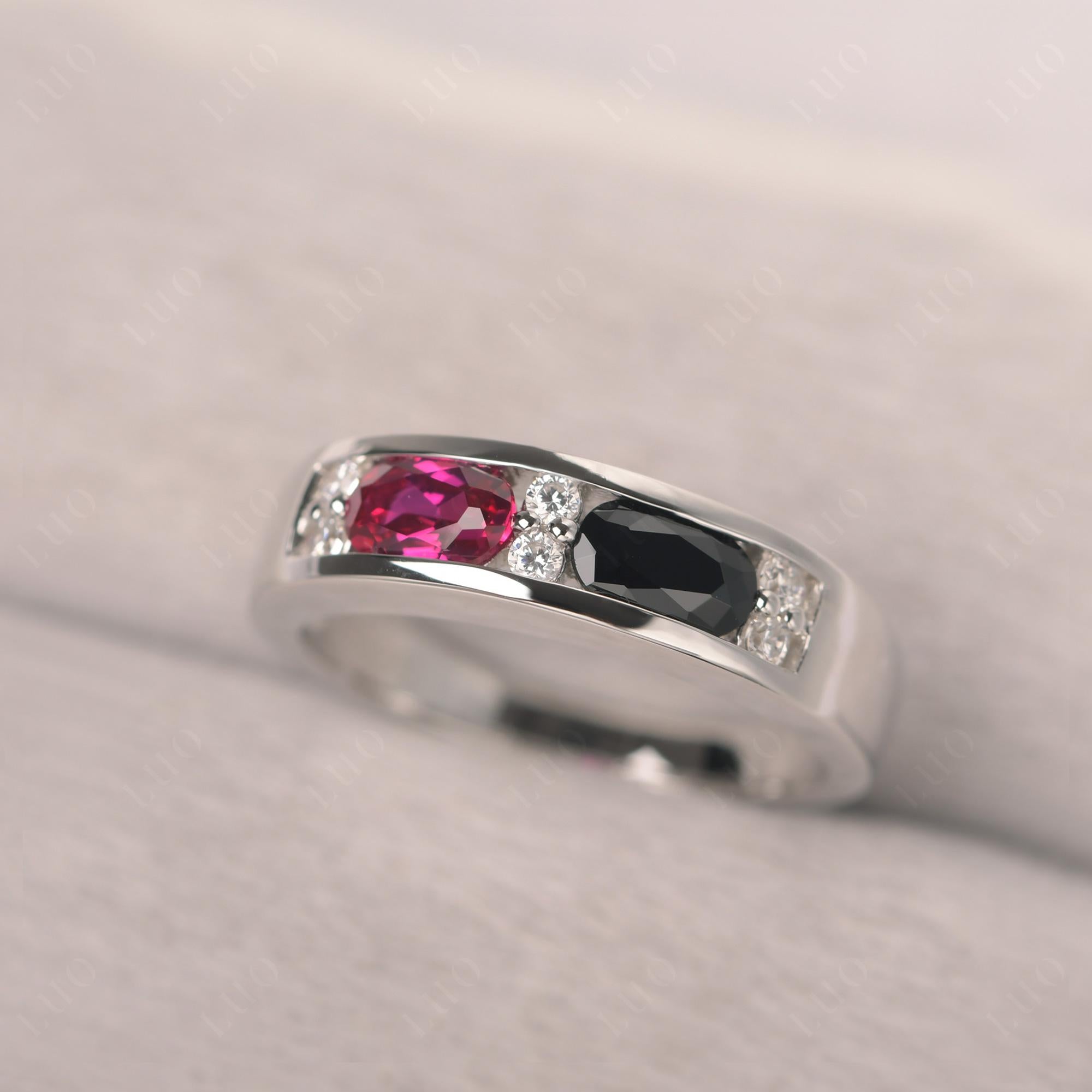 Oval Cut Black Spinel and Ruby Toi Et Moi Wide Band Ring - LUO Jewelry