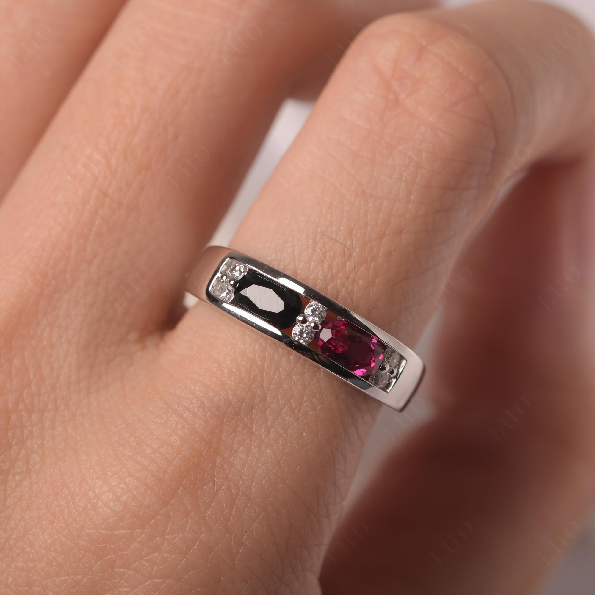 Oval Cut Black Spinel and Ruby Toi Et Moi Wide Band Ring - LUO Jewelry