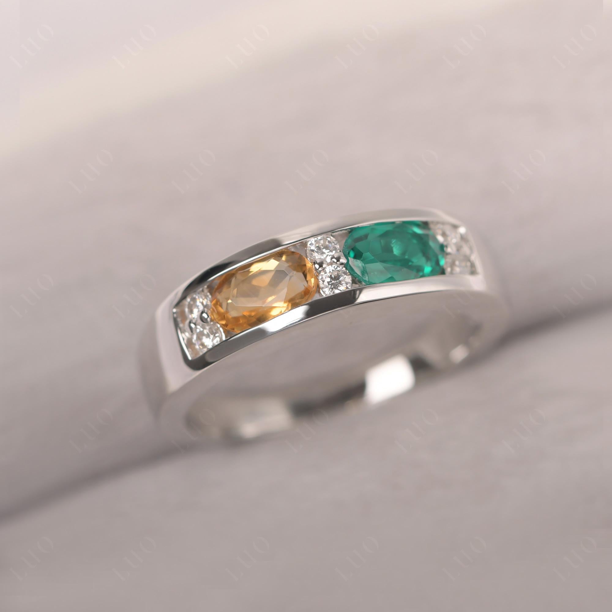 Oval Cut Citrine and Emerald Toi Et Moi Wide Band Ring - LUO Jewelry