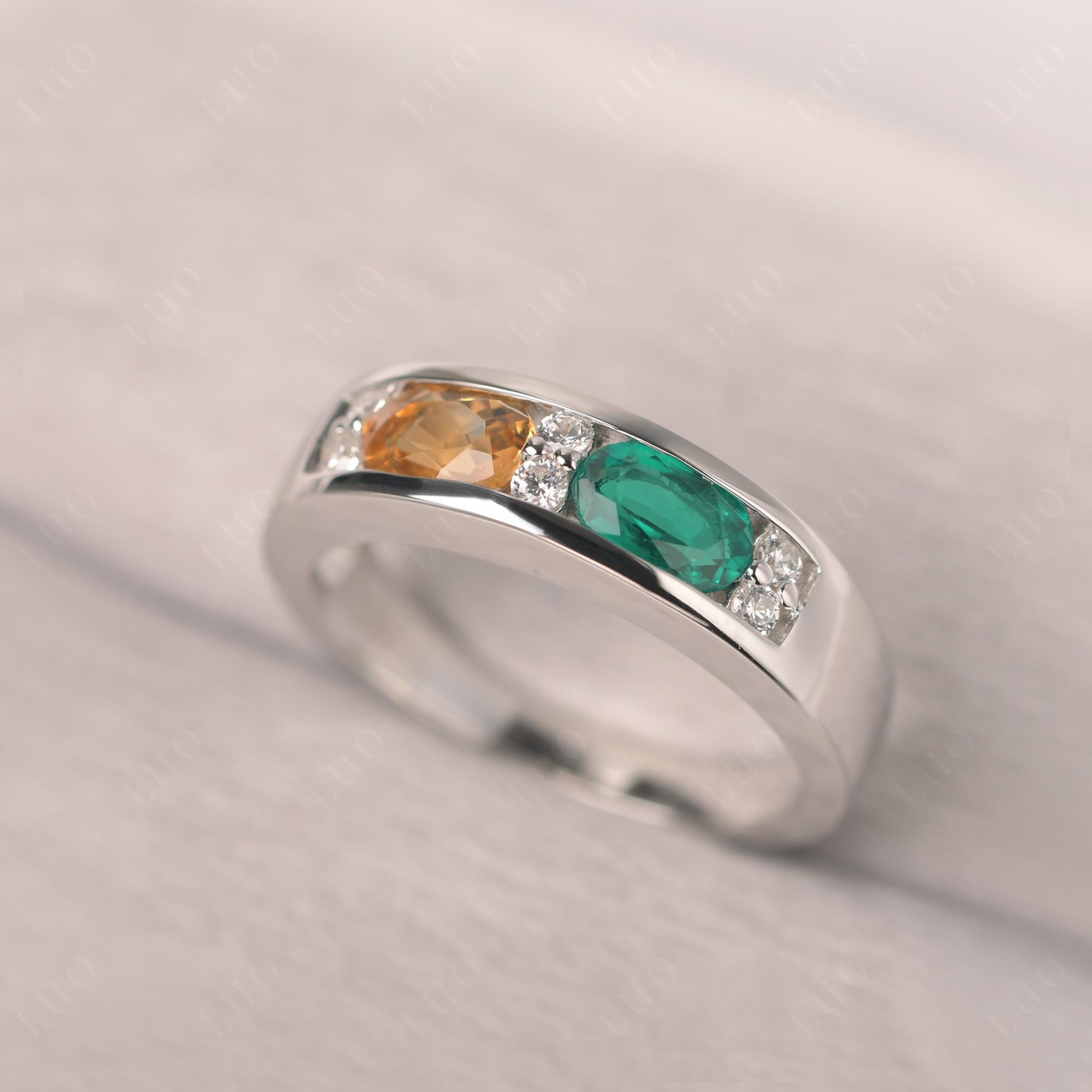 Oval Cut Citrine and Emerald Toi Et Moi Wide Band Ring - LUO Jewelry
