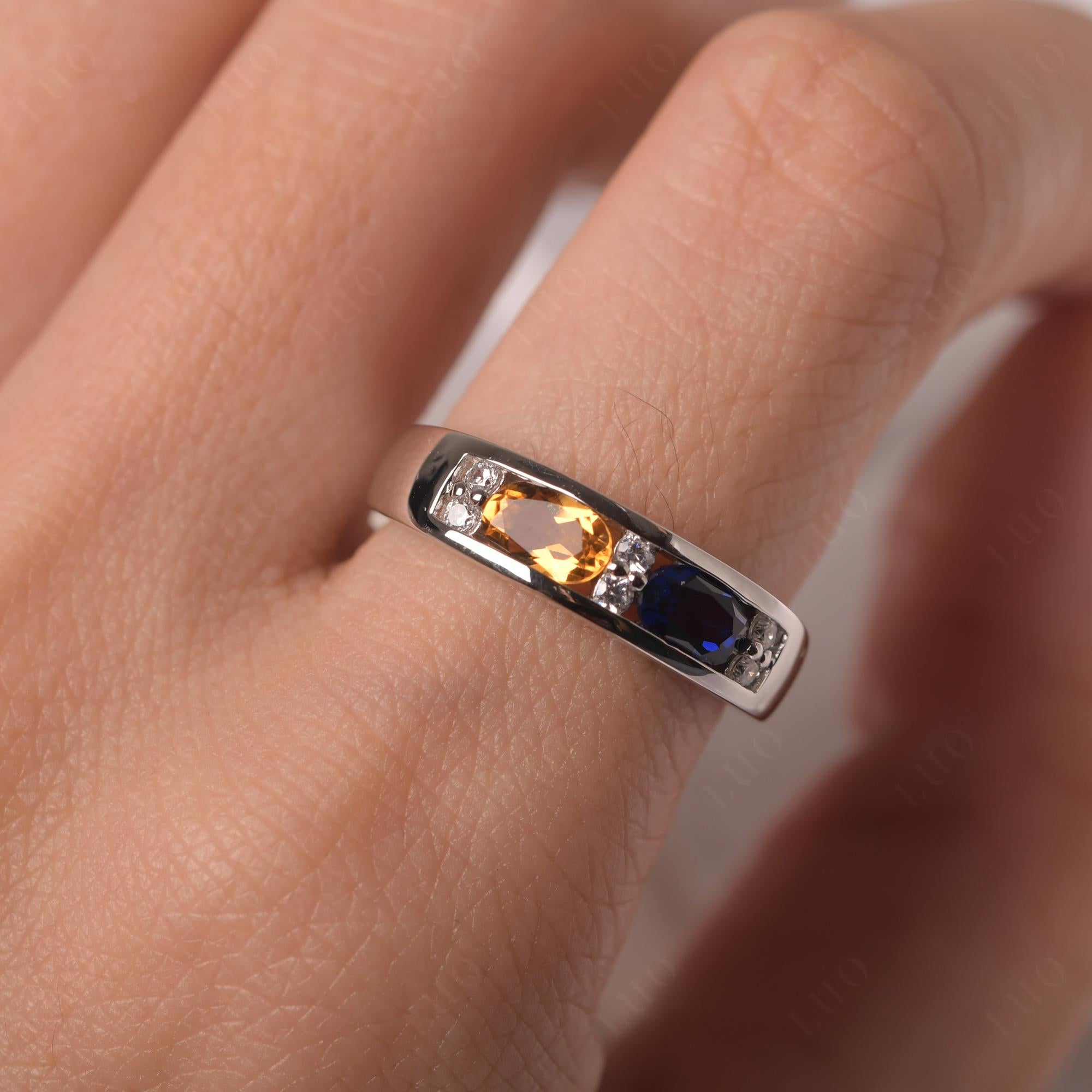 Oval Cut Citrine and Sapphire Toi Et Moi Wide Band Ring - LUO Jewelry