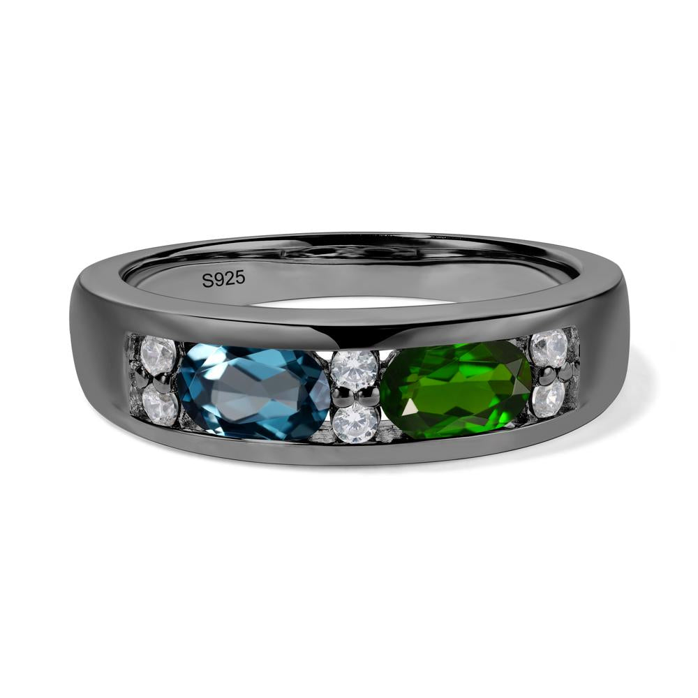 Oval Cut Diopside and London Blue Topaz Toi Et Moi Wide Band Ring - LUO Jewelry #metal_black finish sterling silver