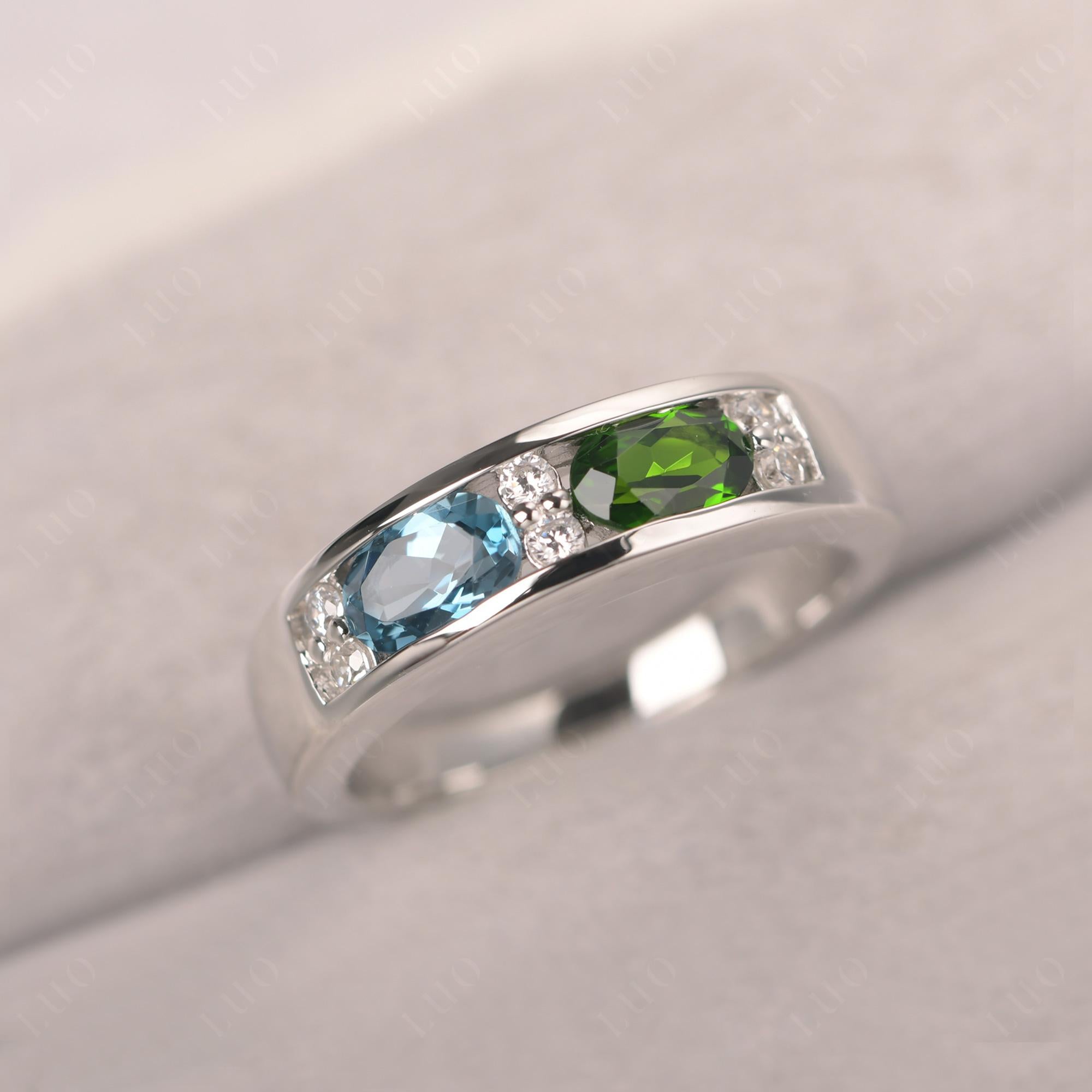 Oval Cut Diopside and London Blue Topaz Toi Et Moi Wide Band Ring - LUO Jewelry
