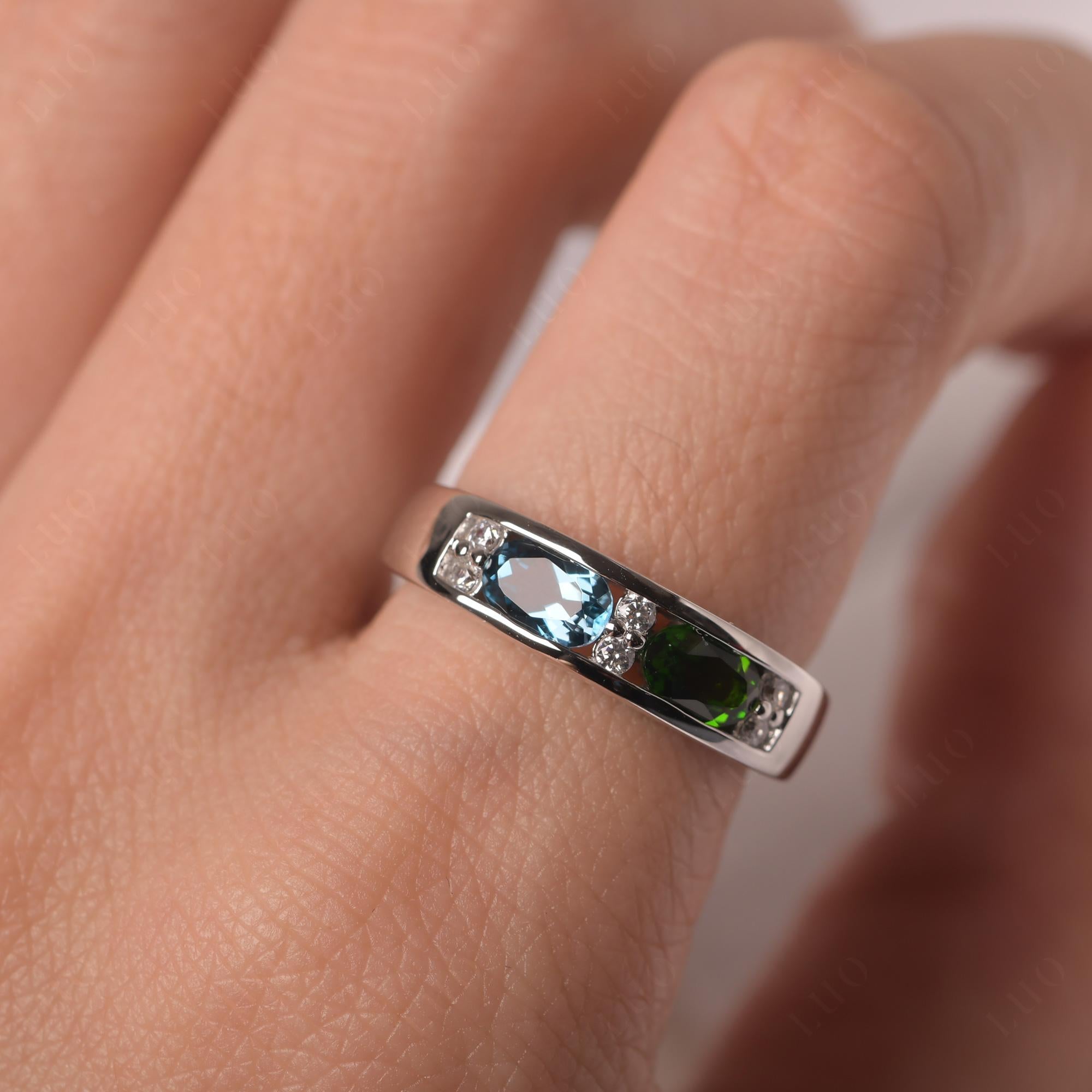 Oval Cut Diopside and London Blue Topaz Toi Et Moi Wide Band Ring - LUO Jewelry