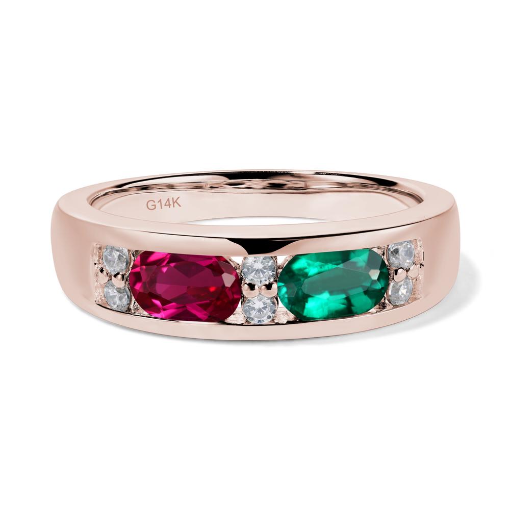 Oval Cut Lab Emerald and Ruby Toi Et Moi Wide Band Ring - LUO Jewelry #metal_14k rose gold