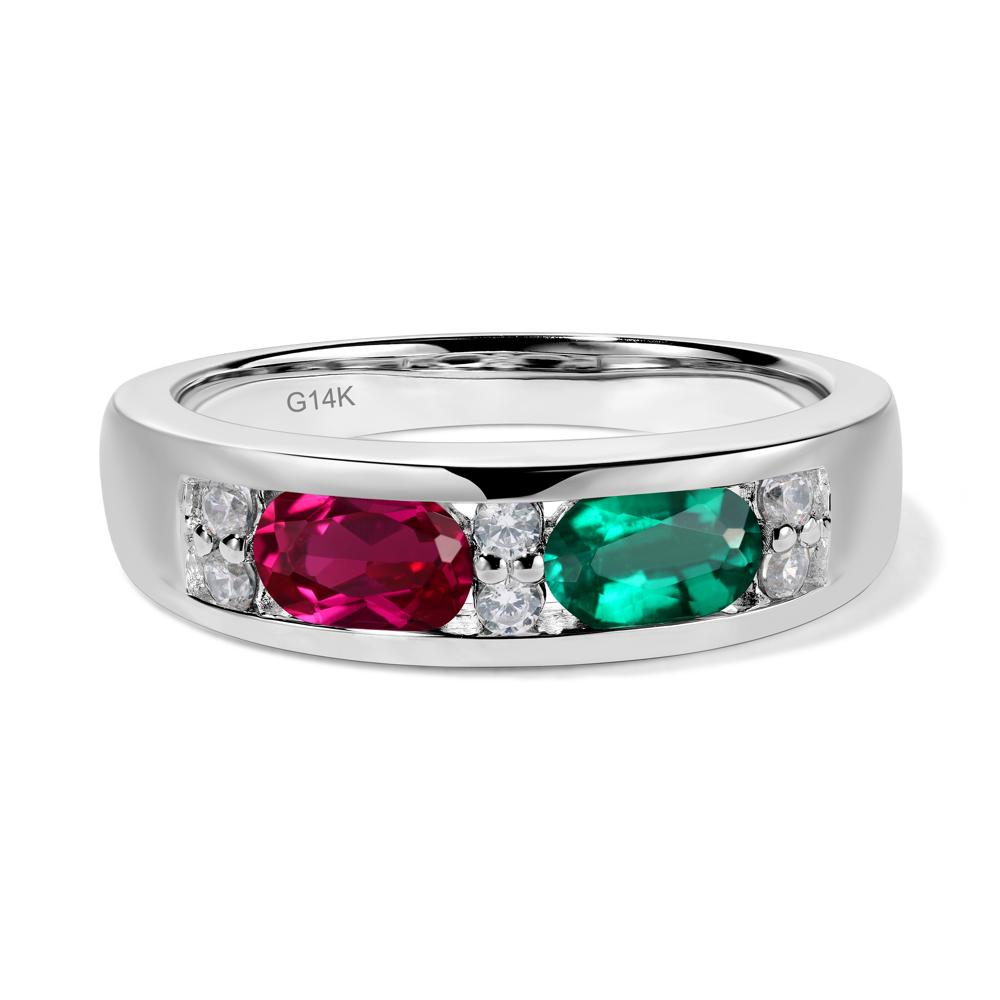 Oval Cut Lab Emerald and Ruby Toi Et Moi Wide Band Ring - LUO Jewelry #metal_14k white gold