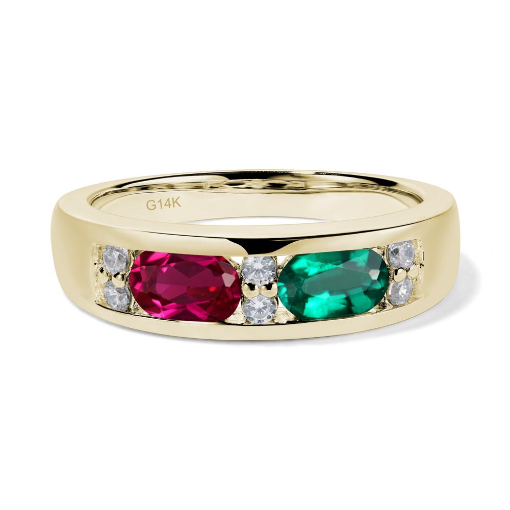 Oval Cut Lab Emerald and Ruby Toi Et Moi Wide Band Ring - LUO Jewelry #metal_14k yellow gold