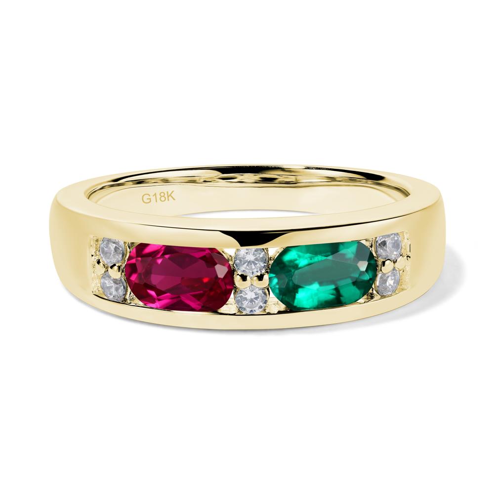 Oval Cut Lab Emerald and Ruby Toi Et Moi Wide Band Ring - LUO Jewelry #metal_18k yellow gold