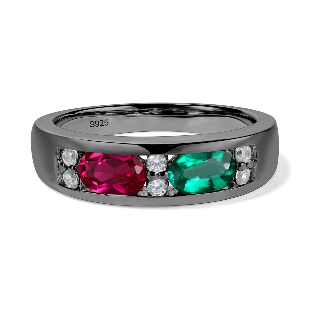 Oval Cut Lab Emerald and Ruby Toi Et Moi Wide Band Ring - LUO Jewelry #metal_black finish sterling silver
