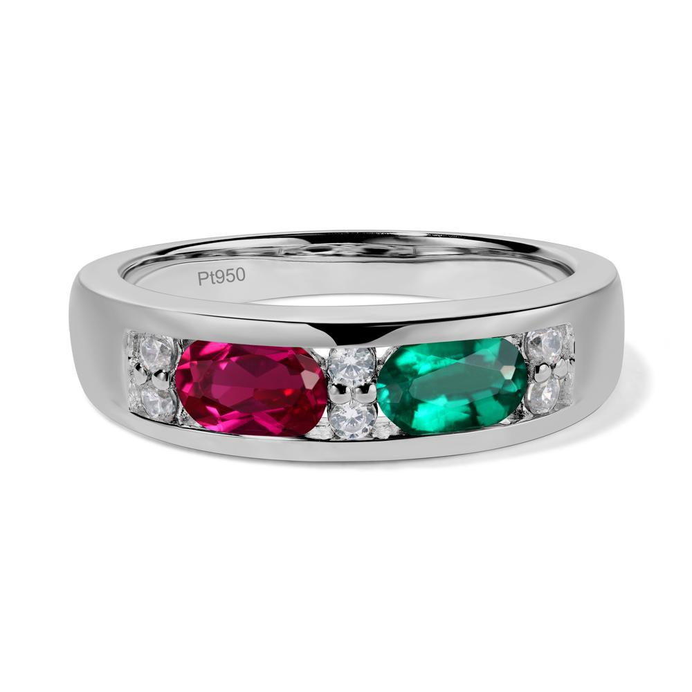 Oval Cut Lab Emerald and Ruby Toi Et Moi Wide Band Ring - LUO Jewelry #metal_platinum