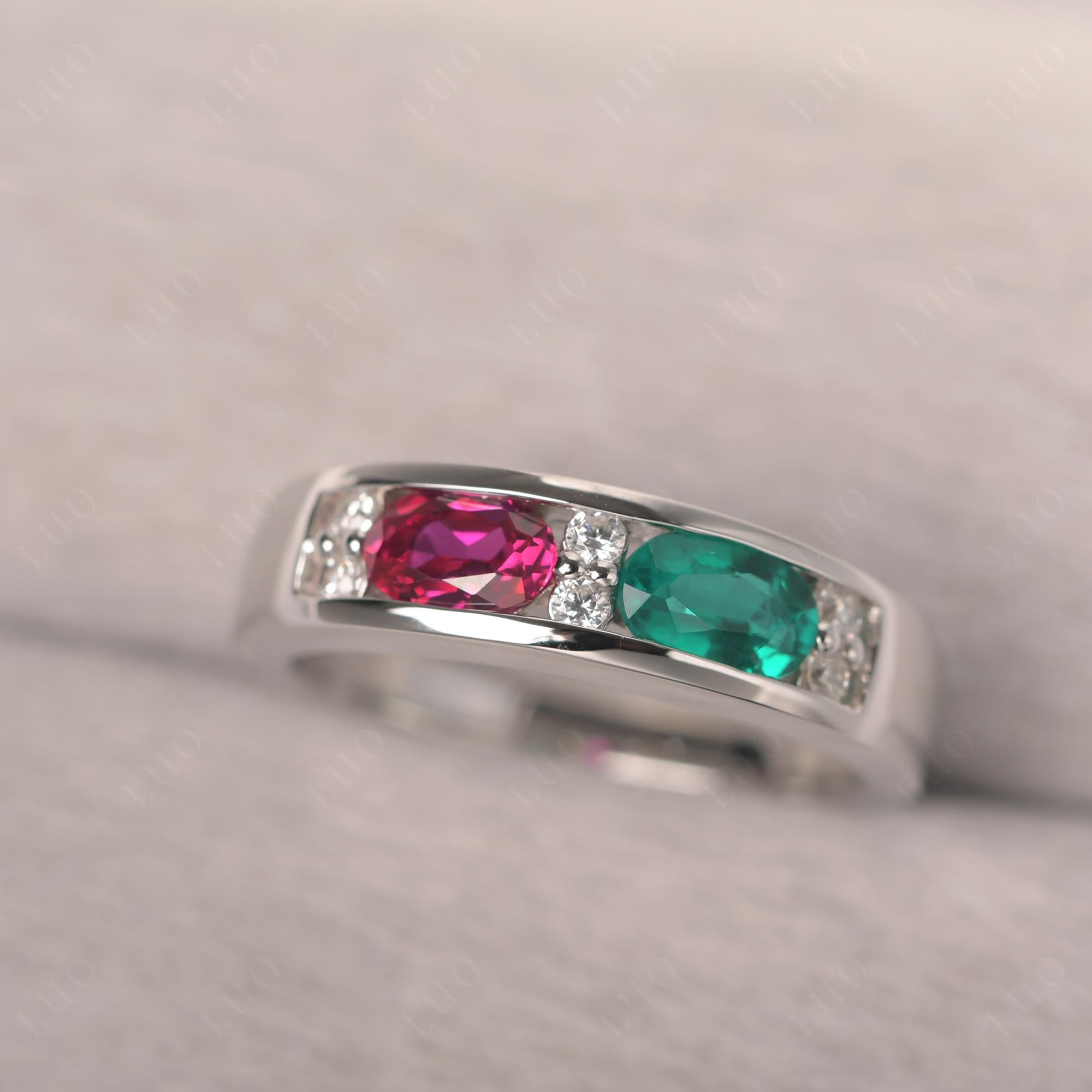 Oval Cut Lab Emerald and Ruby Toi Et Moi Wide Band Ring - LUO Jewelry