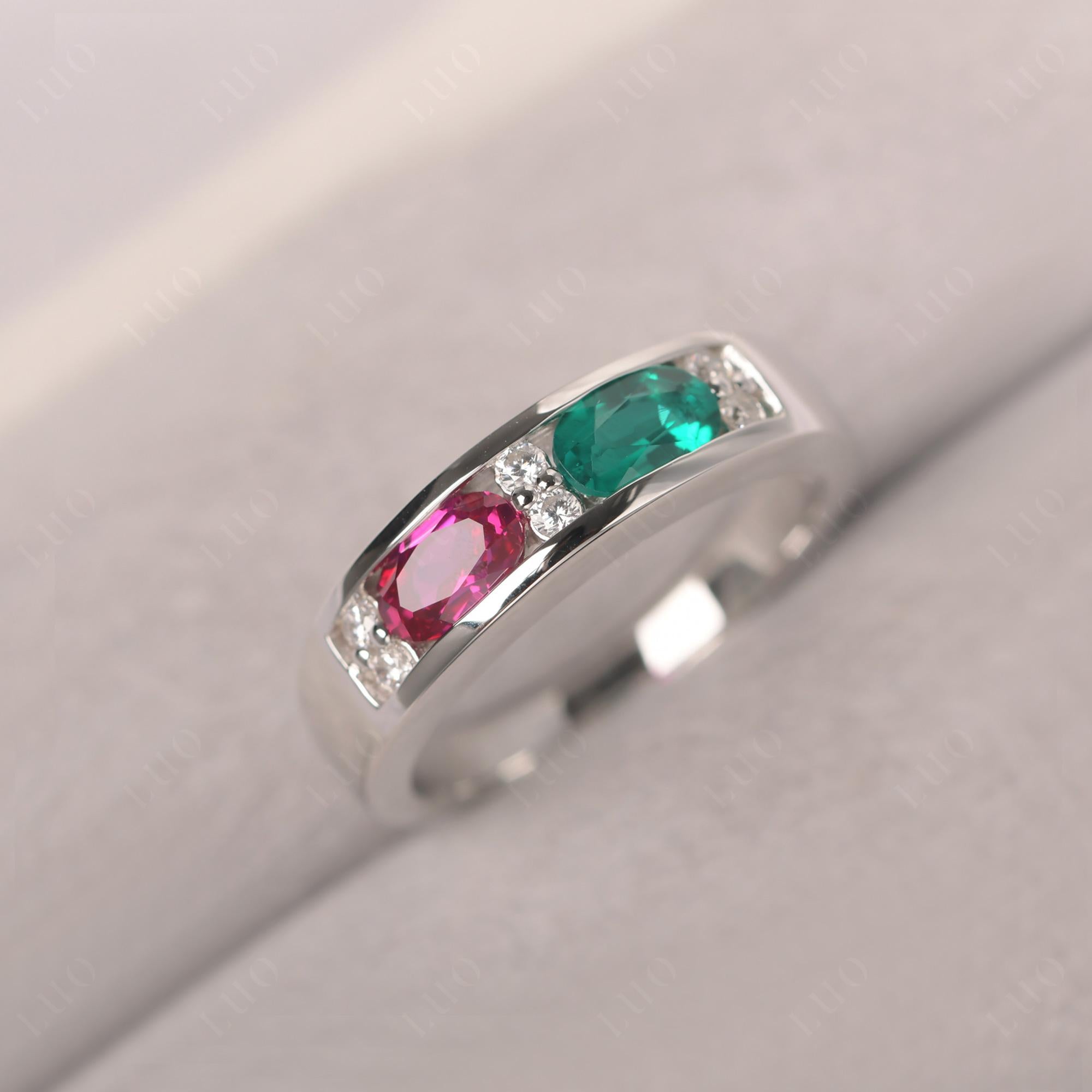 Oval Cut Lab Emerald and Ruby Toi Et Moi Wide Band Ring - LUO Jewelry