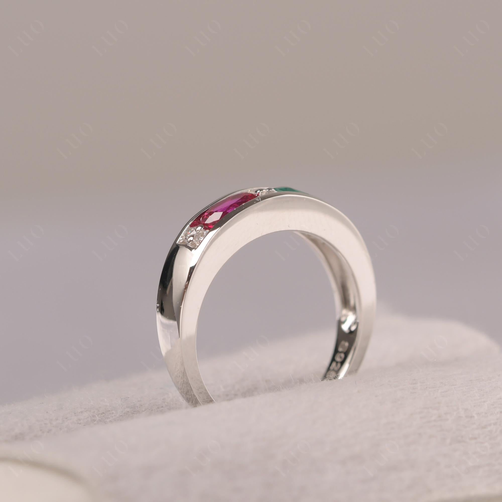 Oval Cut Lab Emerald and Ruby Toi Et Moi Wide Band Ring - LUO Jewelry