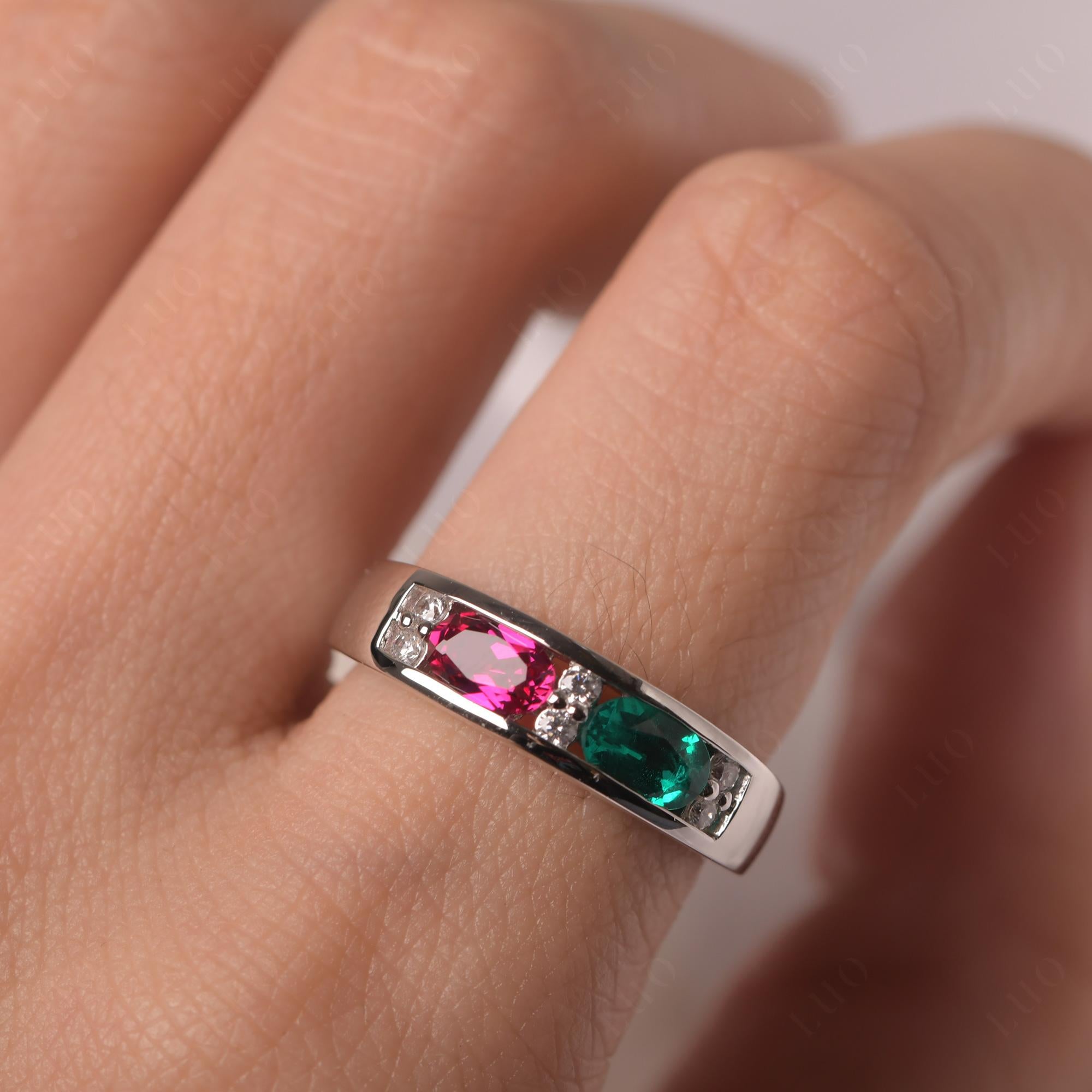 Oval Cut Lab Emerald and Ruby Toi Et Moi Wide Band Ring - LUO Jewelry