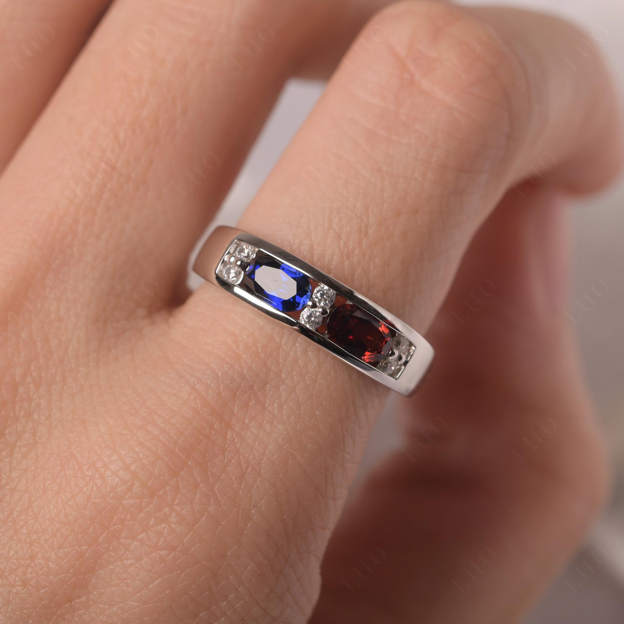 Oval Cut Garnet and Sapphire Toi Et Moi Wide Band Ring - LUO Jewelry