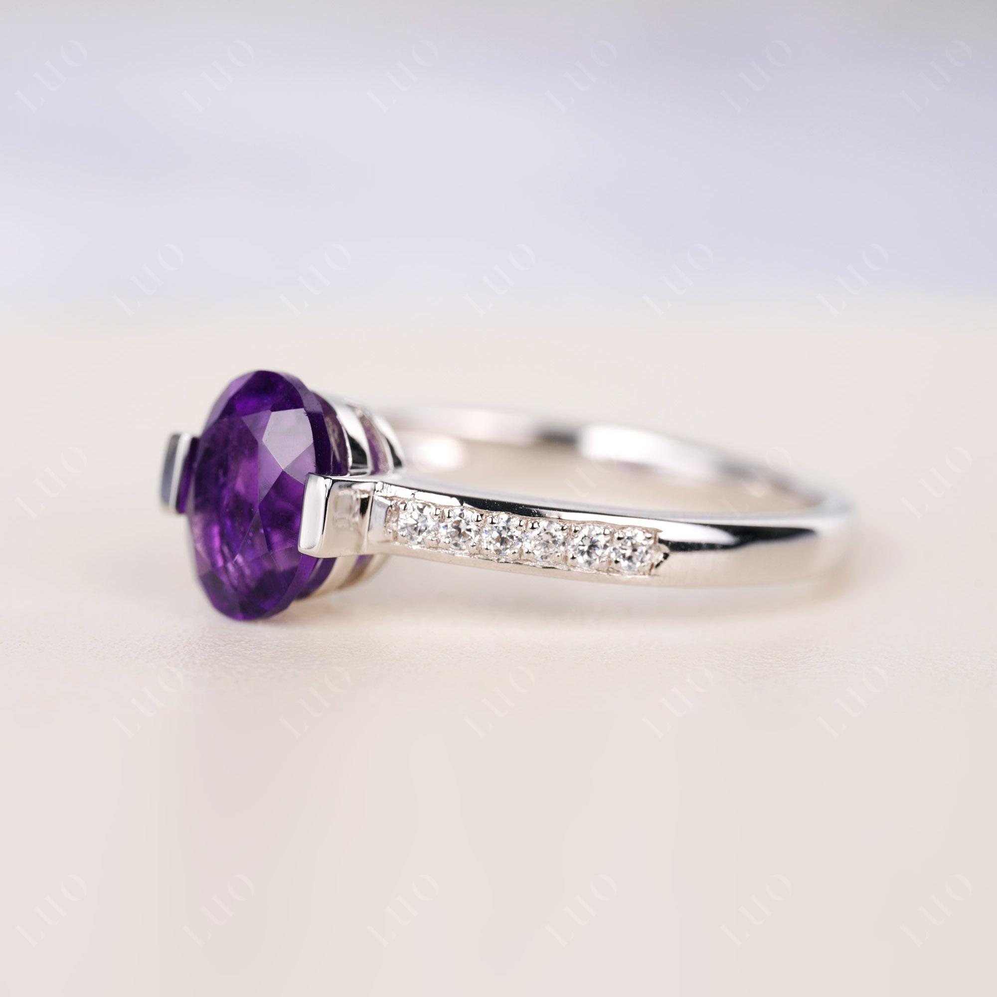 Oval Amethyst Engagement Ring Half Bezel Set | LUO Jewelry