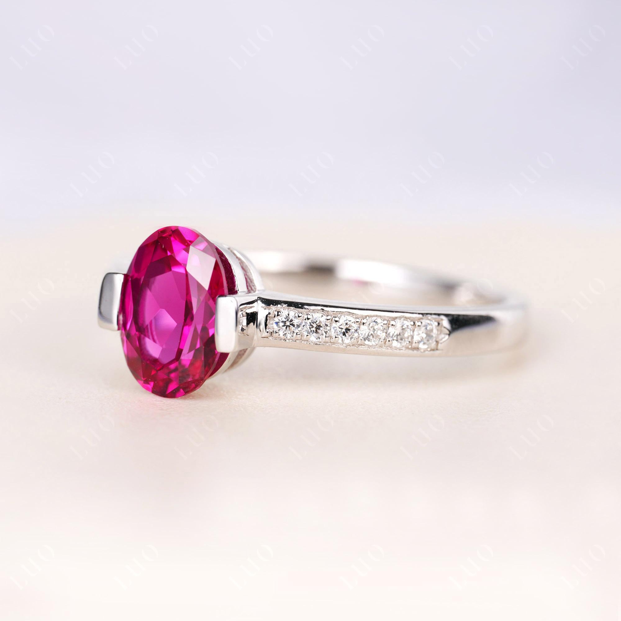 Oval Ruby Engagement Ring Half Bezel Set | LUO Jewelry