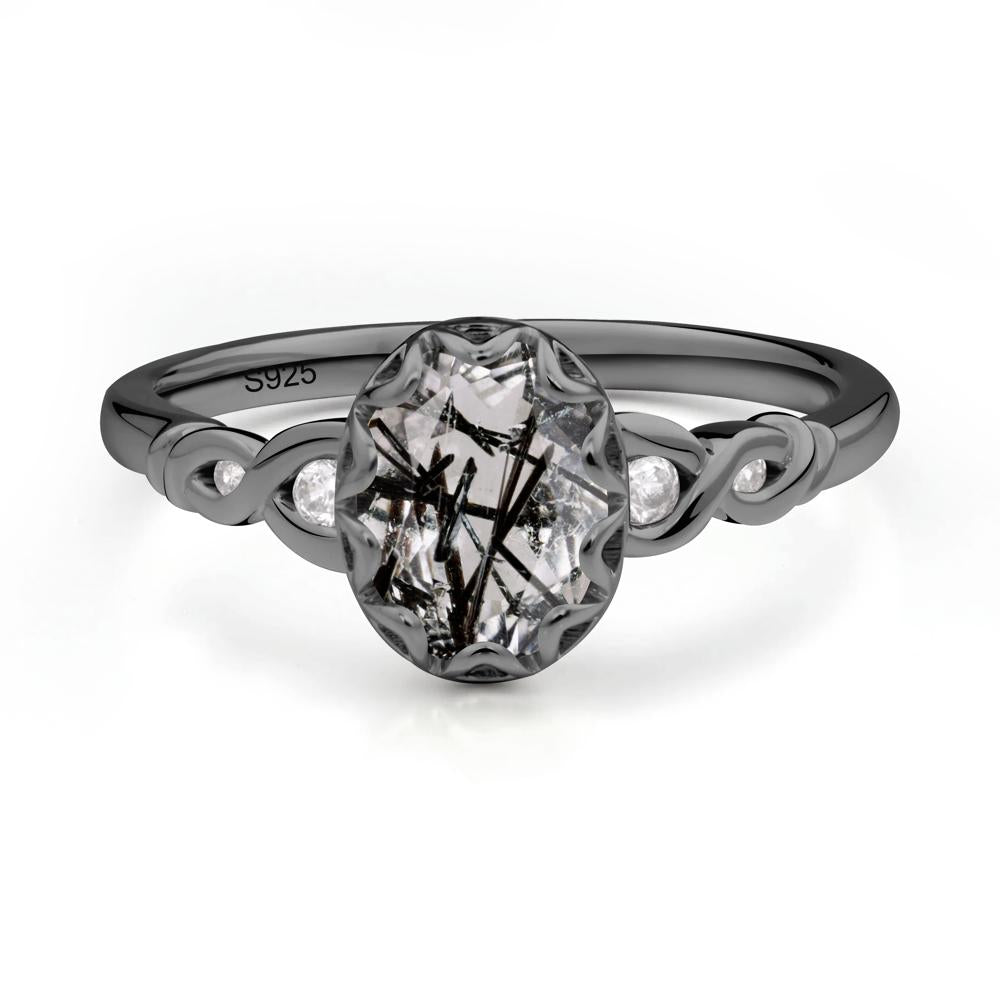Black Rutilated Quartz Vintage Oval Engagement Ring - LUO Jewelry #metal_black finish sterling silver