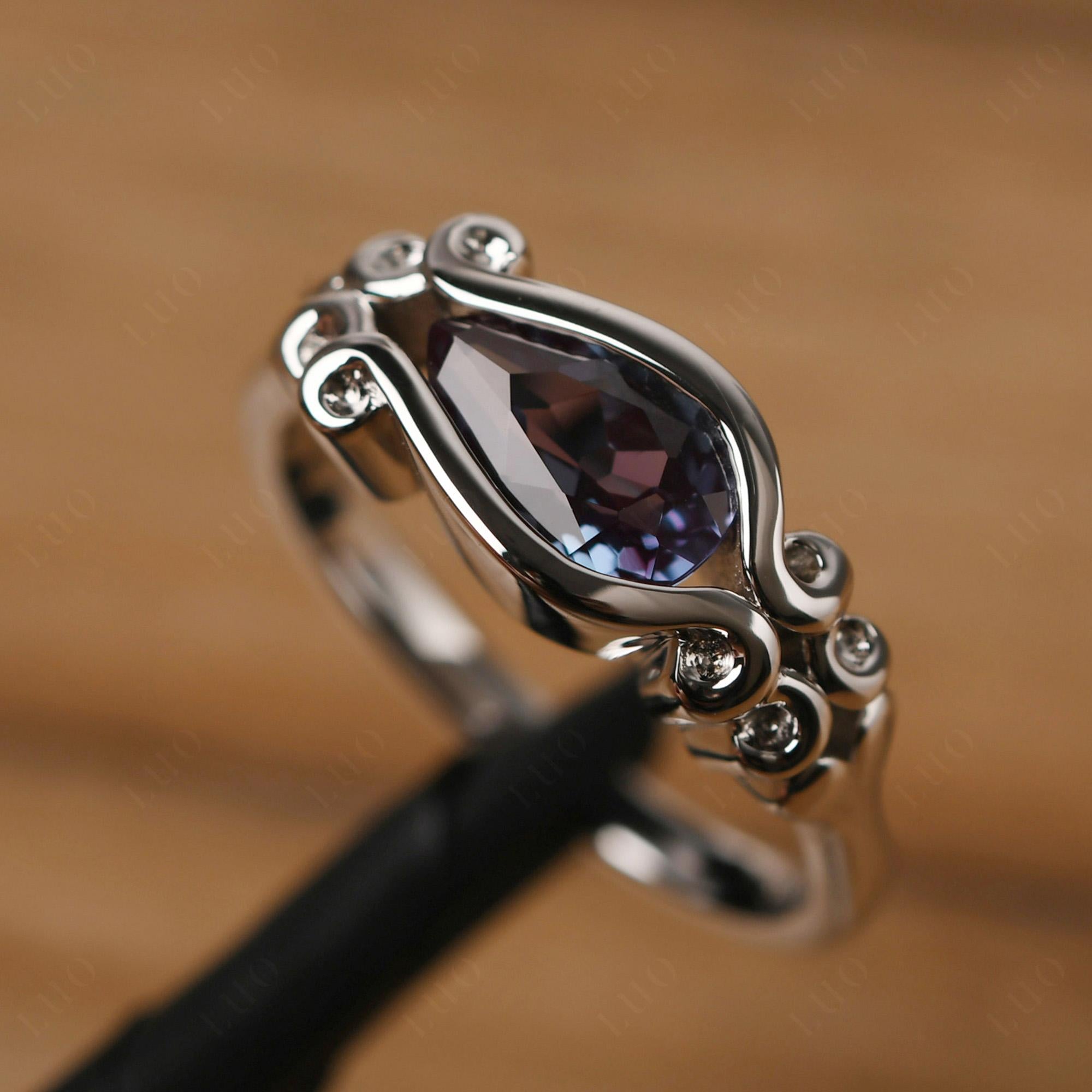 Pear Shaped Alexandrite Scroll Ring - LUO Jewelry 