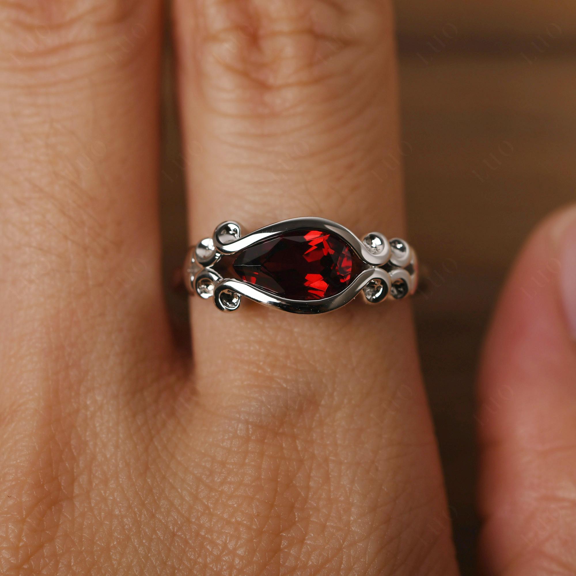 Pear Shaped Garnet Scroll Ring - LUO Jewelry 
