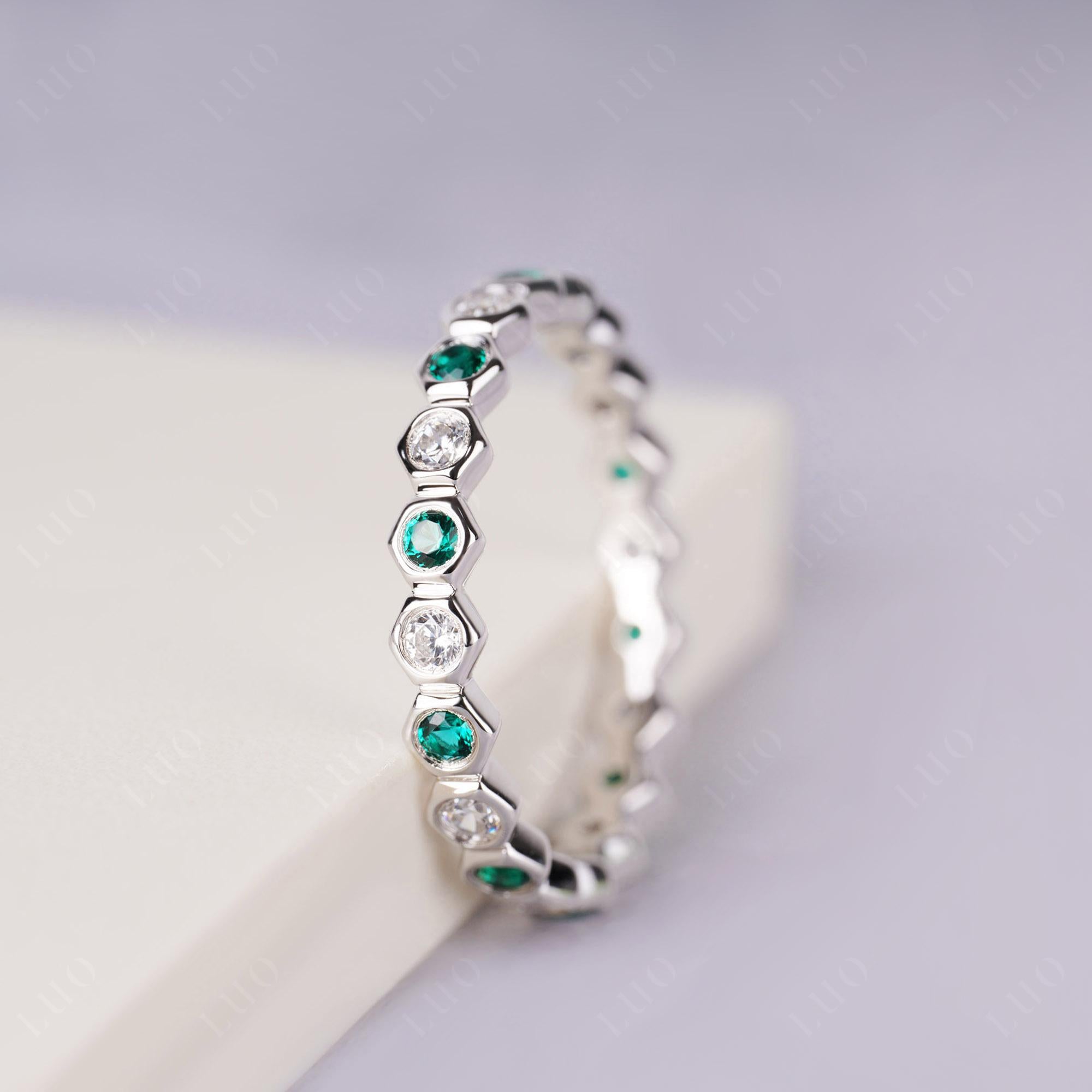 Cubic Zirconia and Emerald Hexagon Wedding Ring | LUO Jewelry