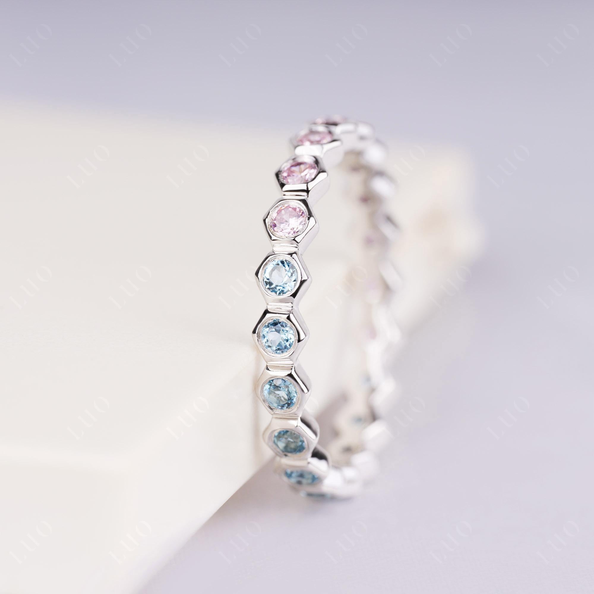 London Blue Topaz and Pink Cubic Zirconia Hexagon Band Ring | LUO Jewelry