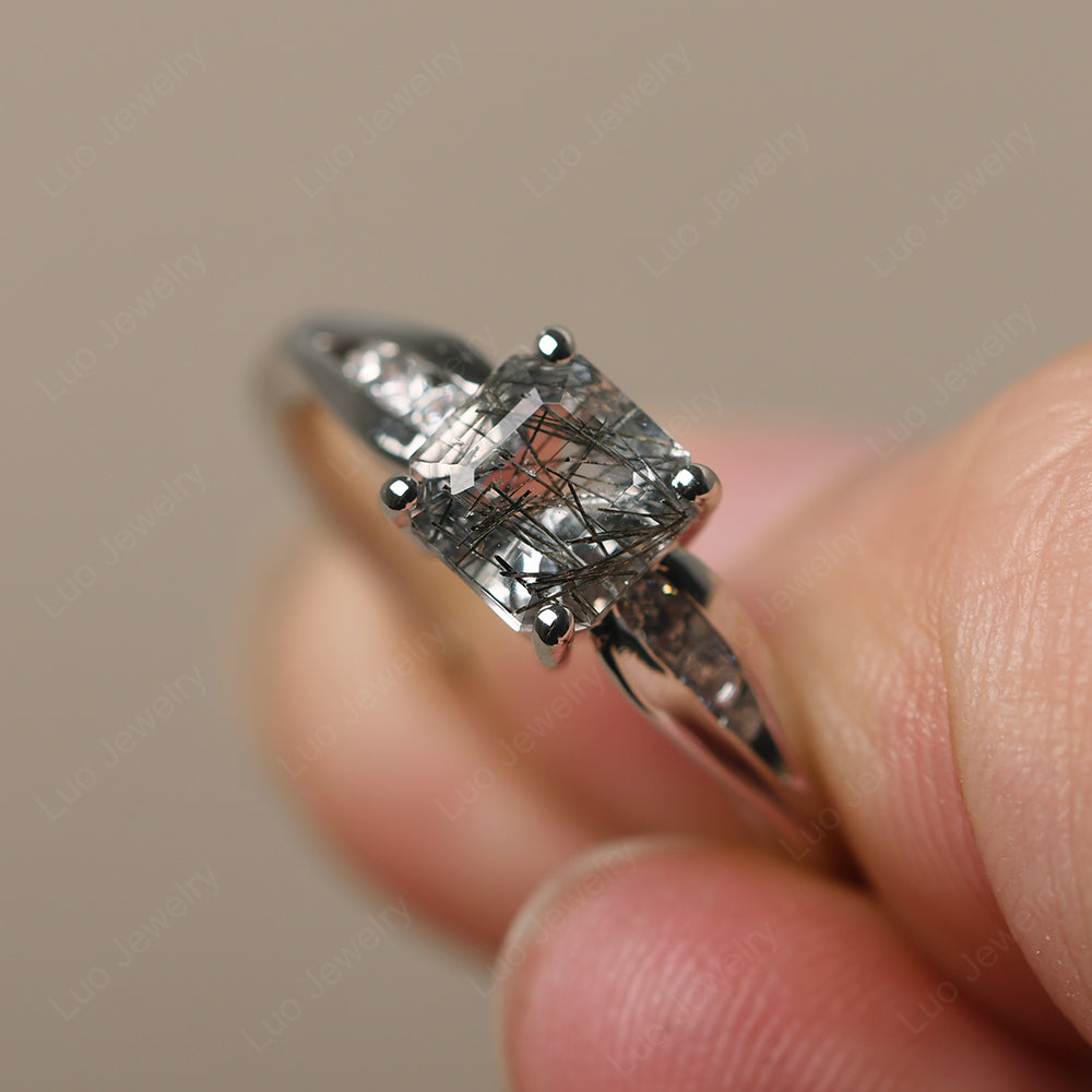 Black Rutilated Quartz Gold Asscher Cut Engagement Ring