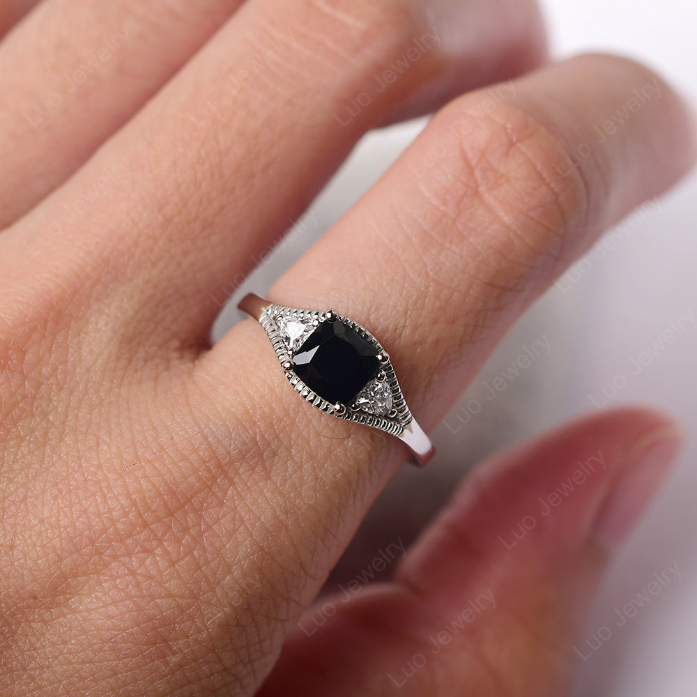Vintage Black Stone Ring With Trillion Side Stone - LUO Jewelry