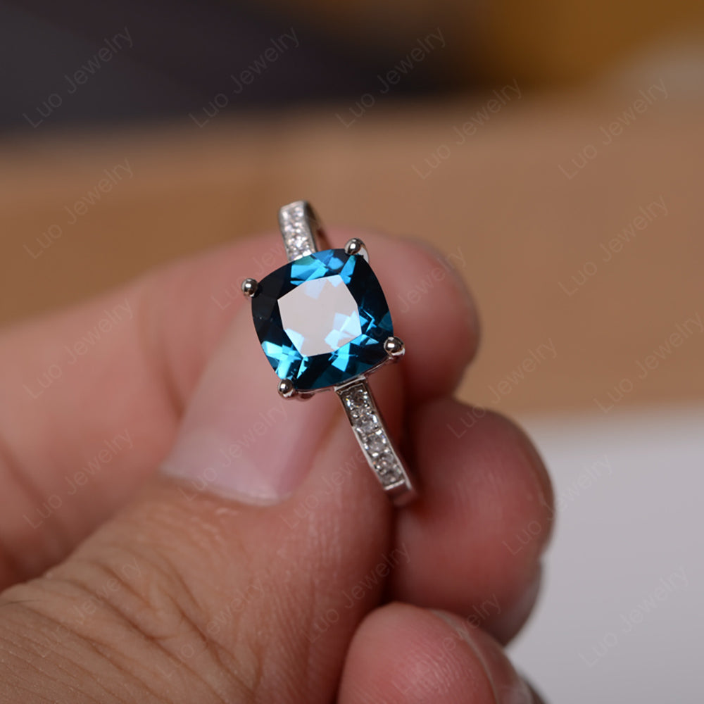 London Blue Topaz Engagement Ring Cushion Cut Gold - LUO Jewelry
