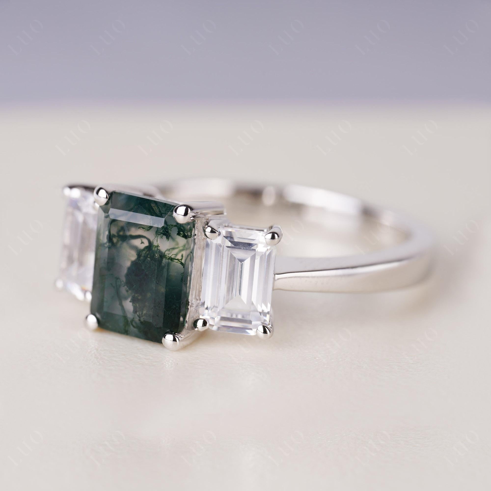 Moss Agate Three Stone Emerald Cut Ring | LUO Jewelry