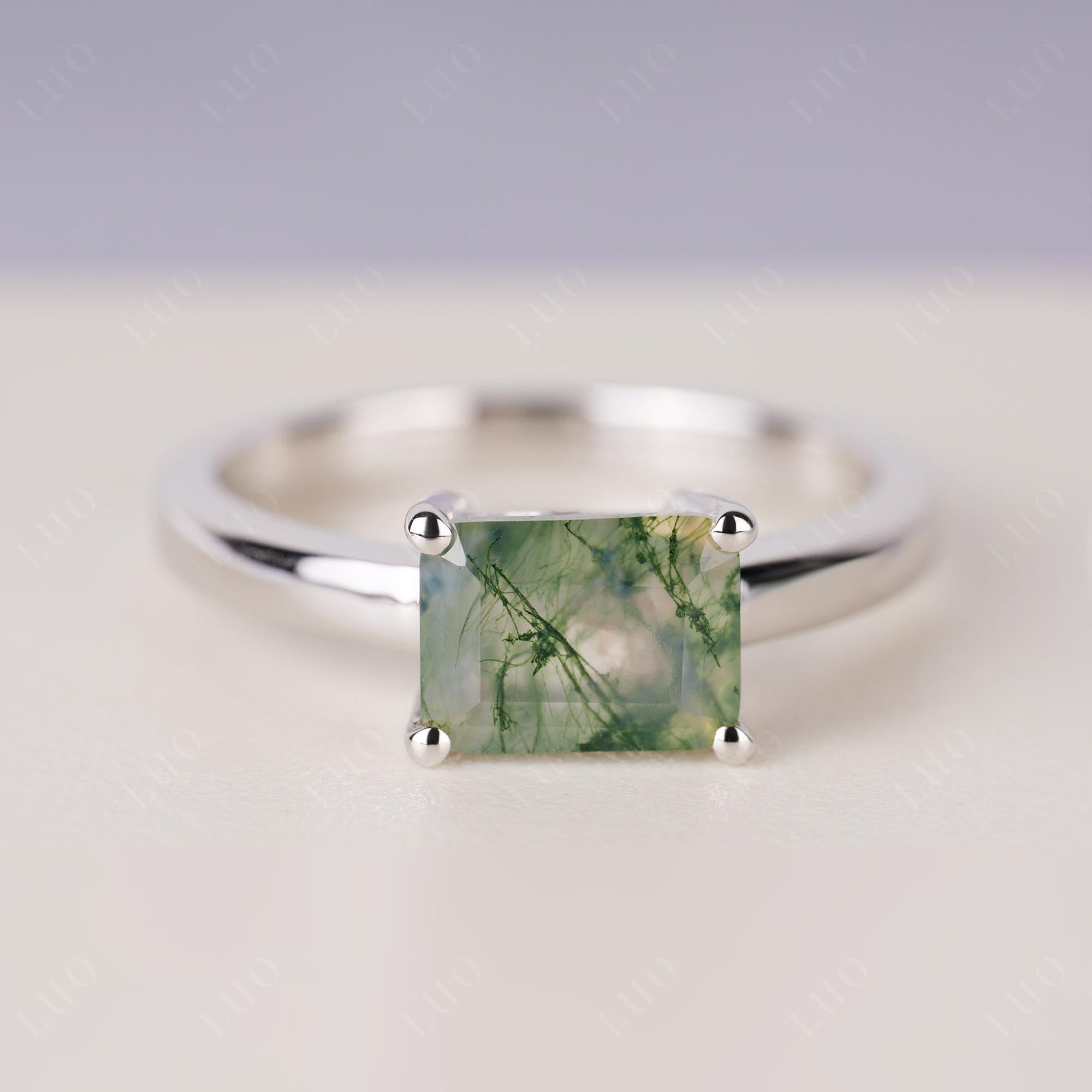 Horizontal Emerald Cut Moss Agate Solitaire Ring | LUO Jewelry