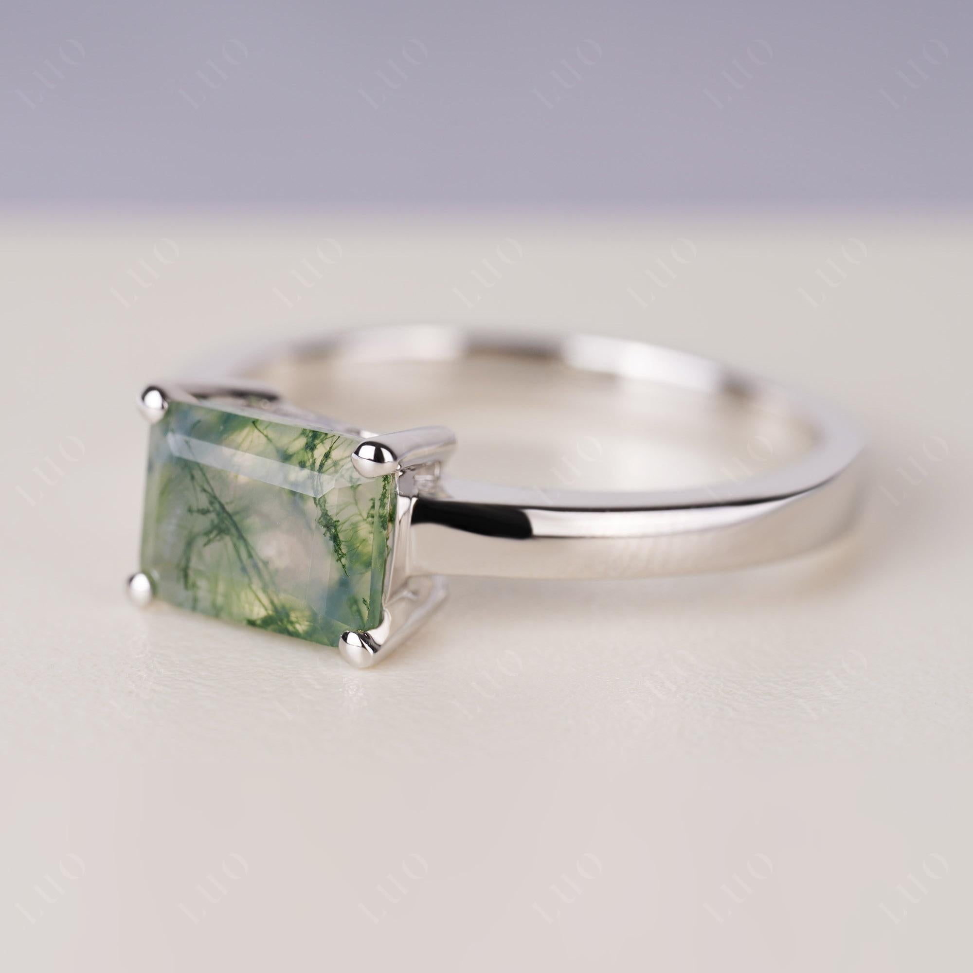 Horizontal Emerald Cut Moss Agate Solitaire Ring | LUO Jewelry