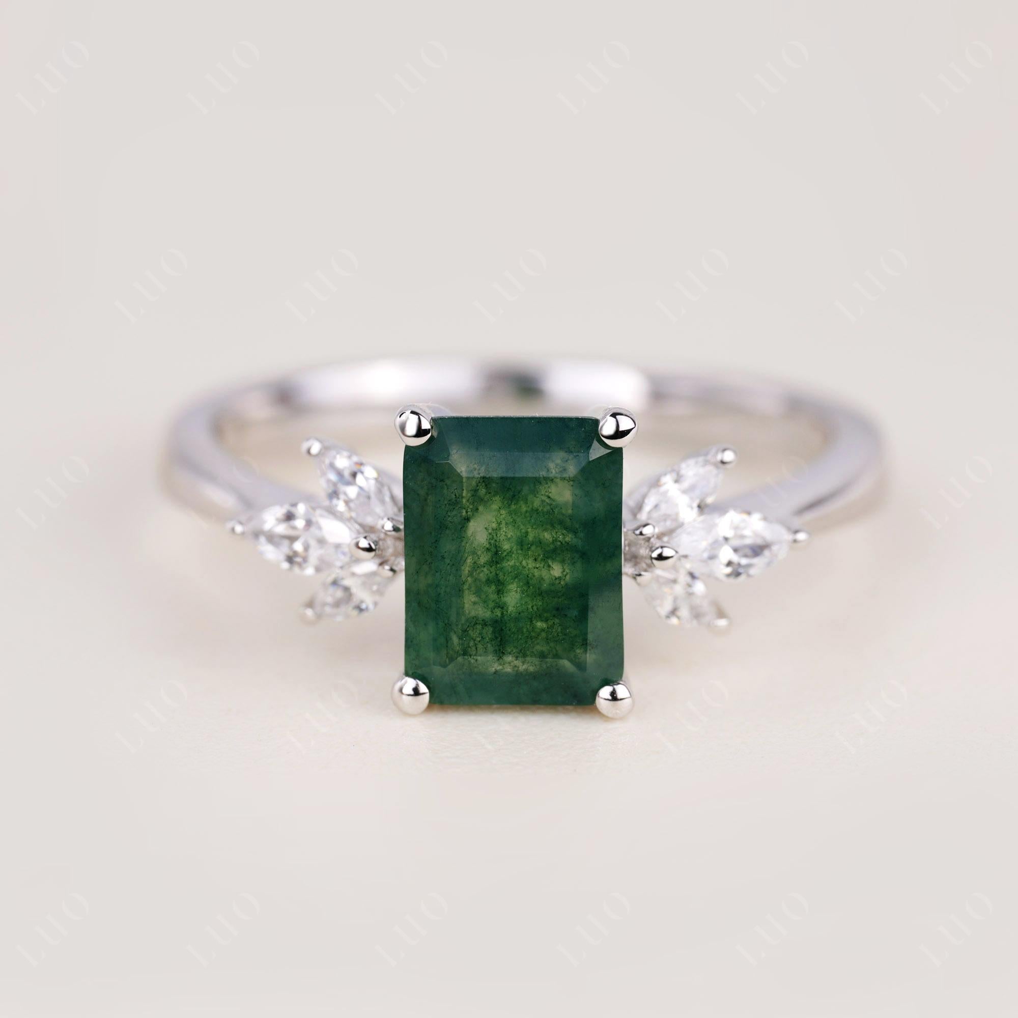 Sunburst Emerald Cut Moss Agate Ring | LUO Jewelry