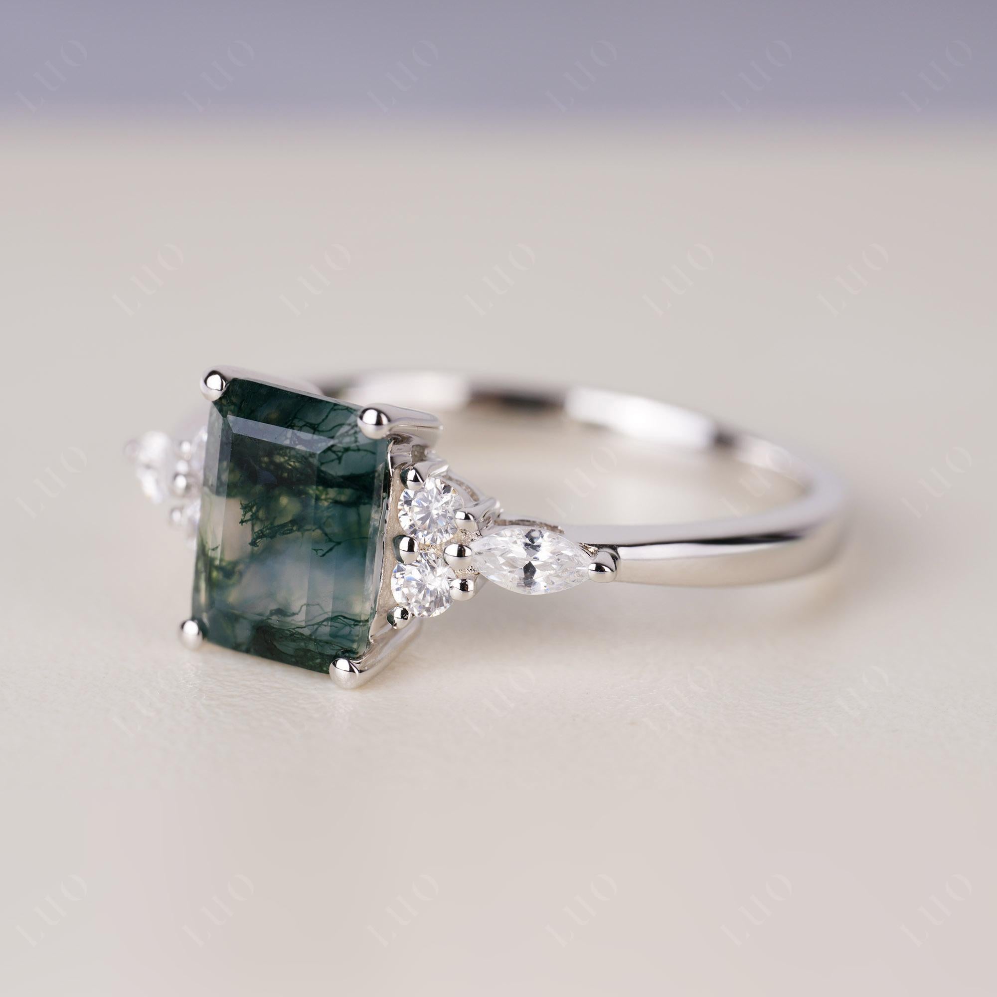 Simple Emerald Cut Moss Agate Ring | LUO Jewelry