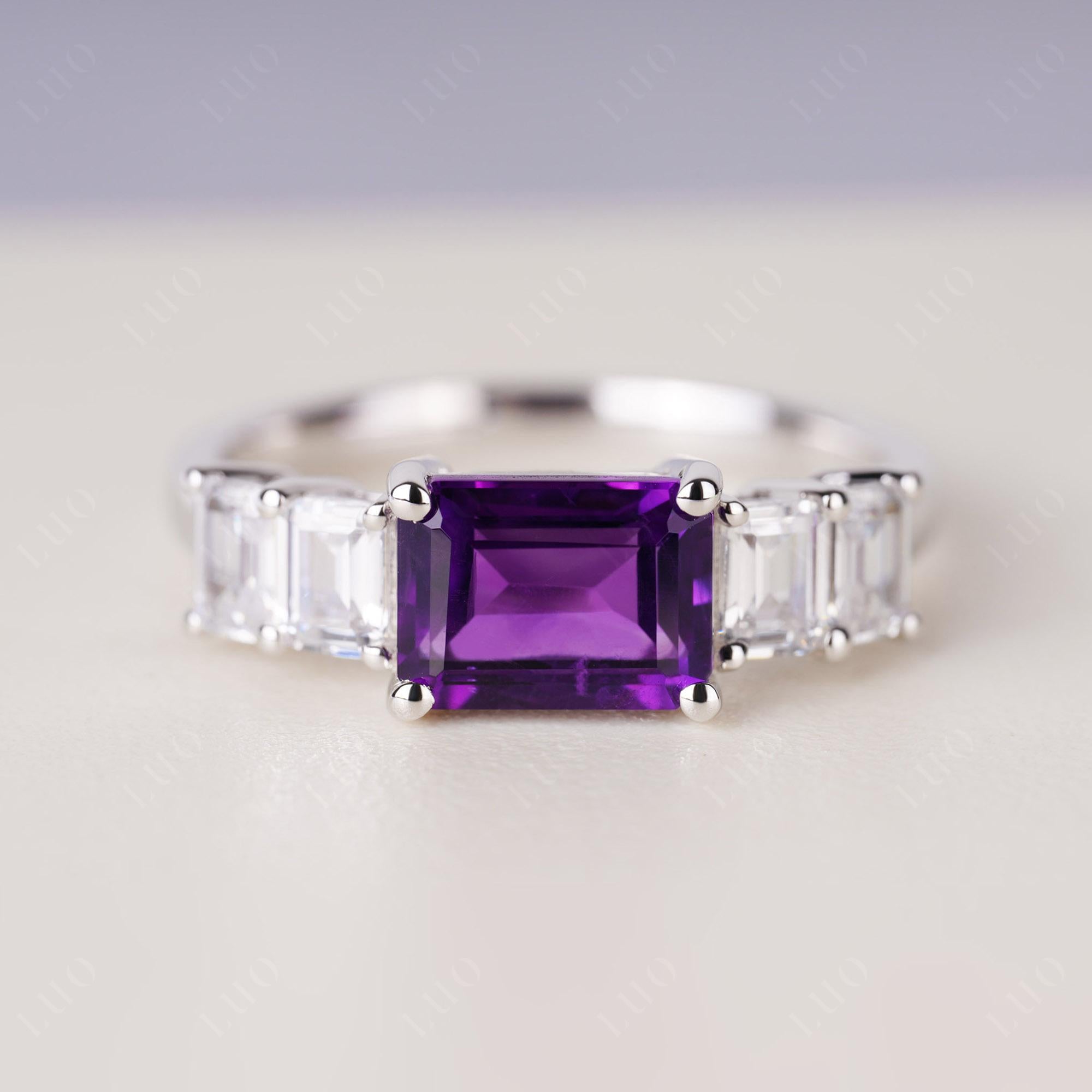 East West Emerald Cut Amethyst Ring | LUO Jewelry