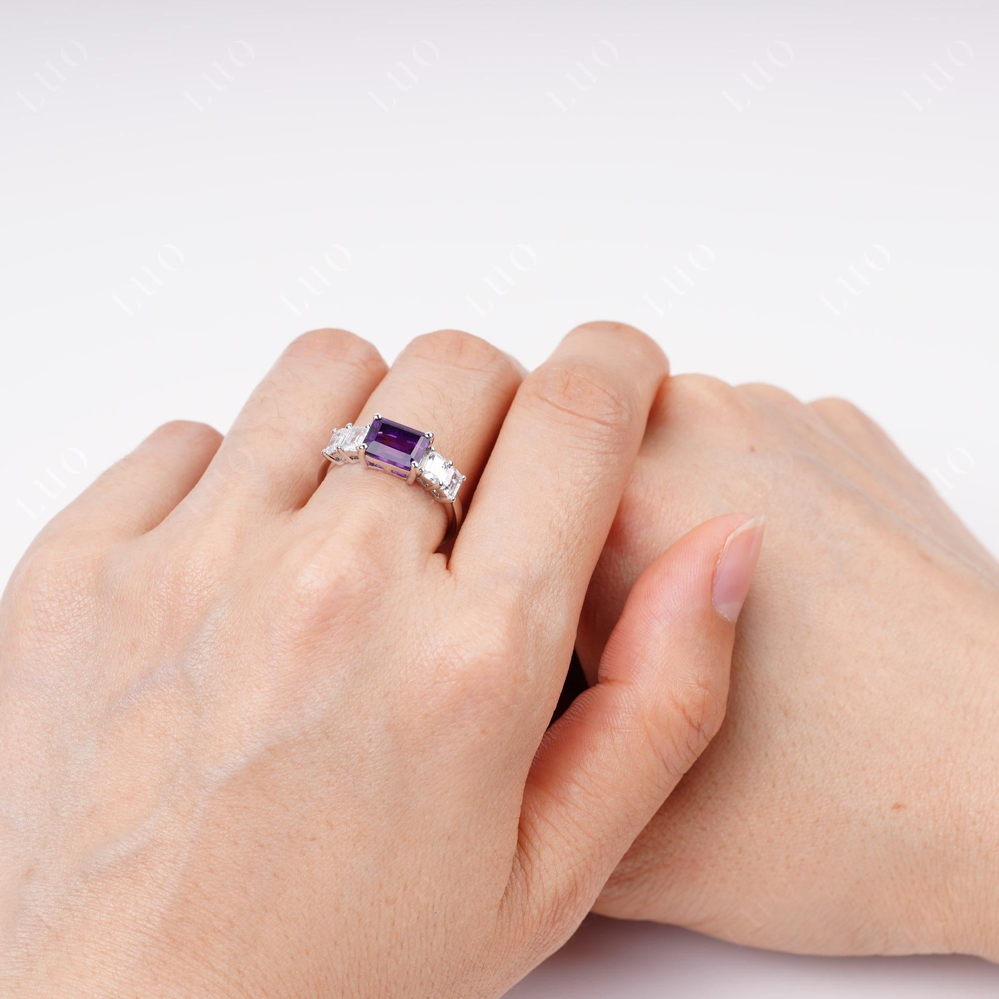 East West Emerald Cut Amethyst Ring | LUO Jewelry