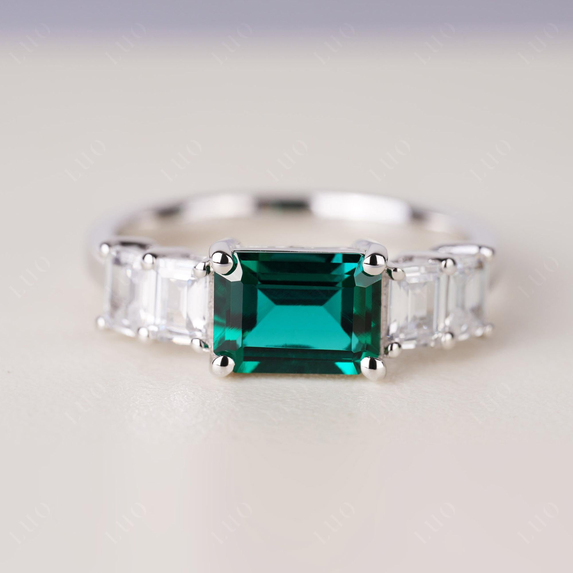 East West Emerald Cut Emerald Ring | LUO Jewelry