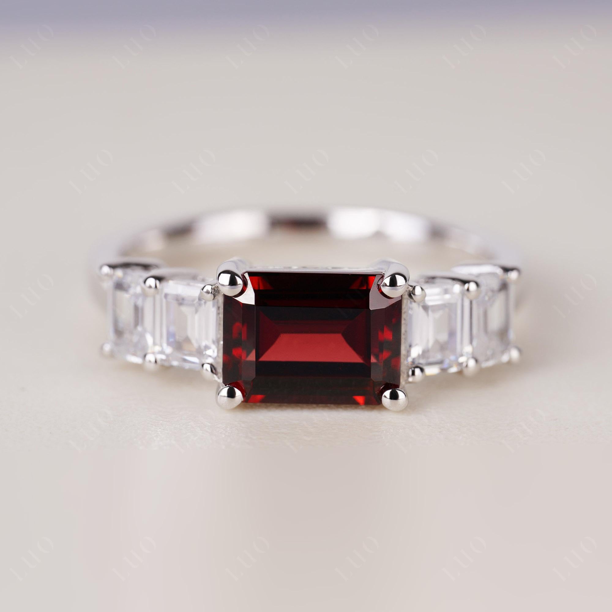 East West Emerald Cut Garnet Ring | LUO Jewelry