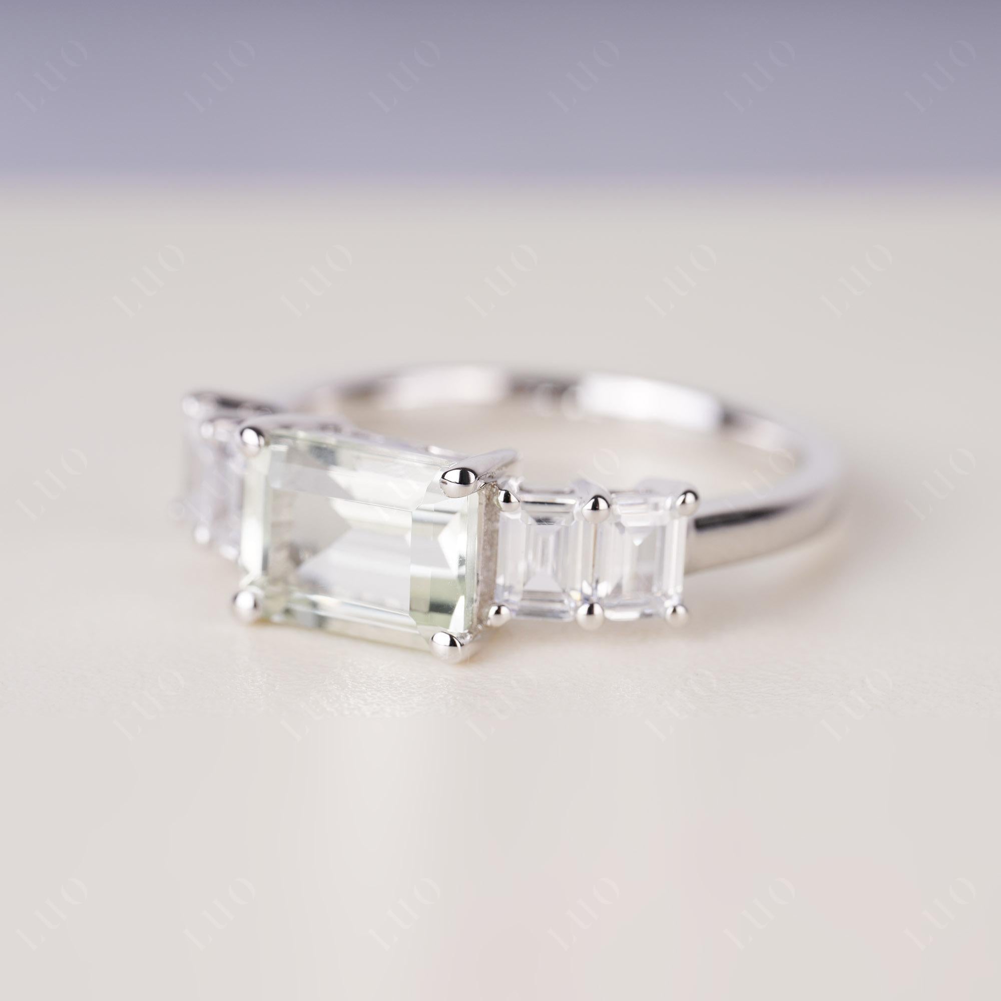 East West Emerald Cut Green Amethyst Ring | LUO Jewelry