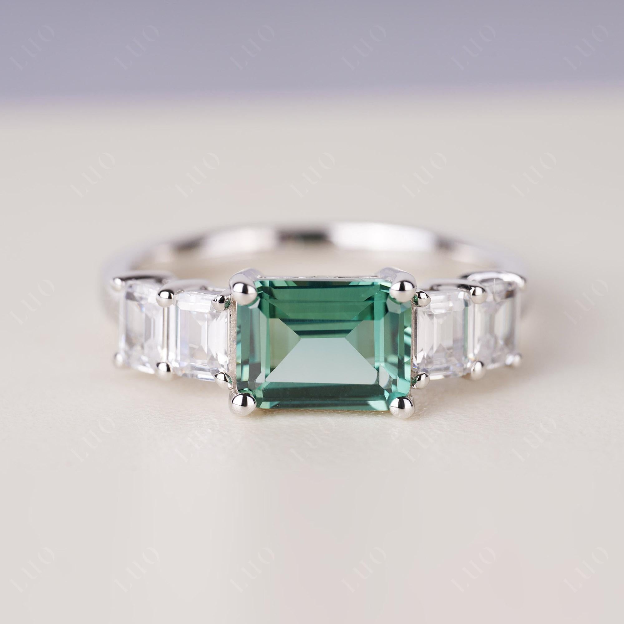 East West Emerald Cut Green Sapphire Ring | LUO Jewelry