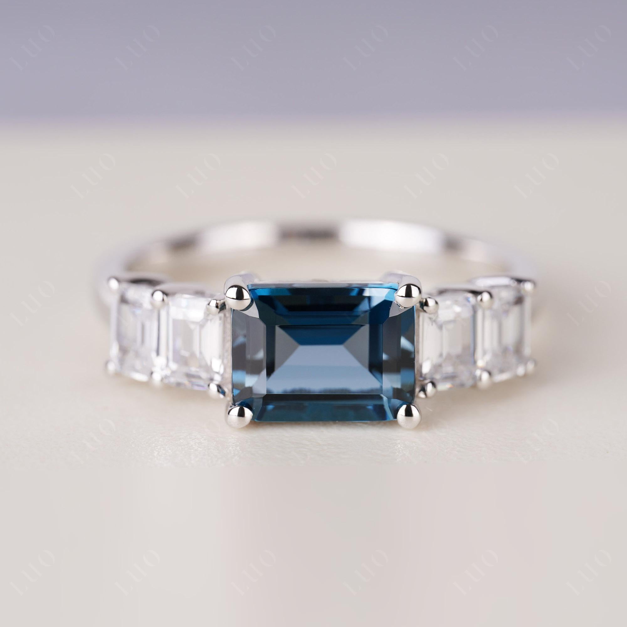 East West Emerald Cut London Blue Topaz Ring | LUO Jewelry