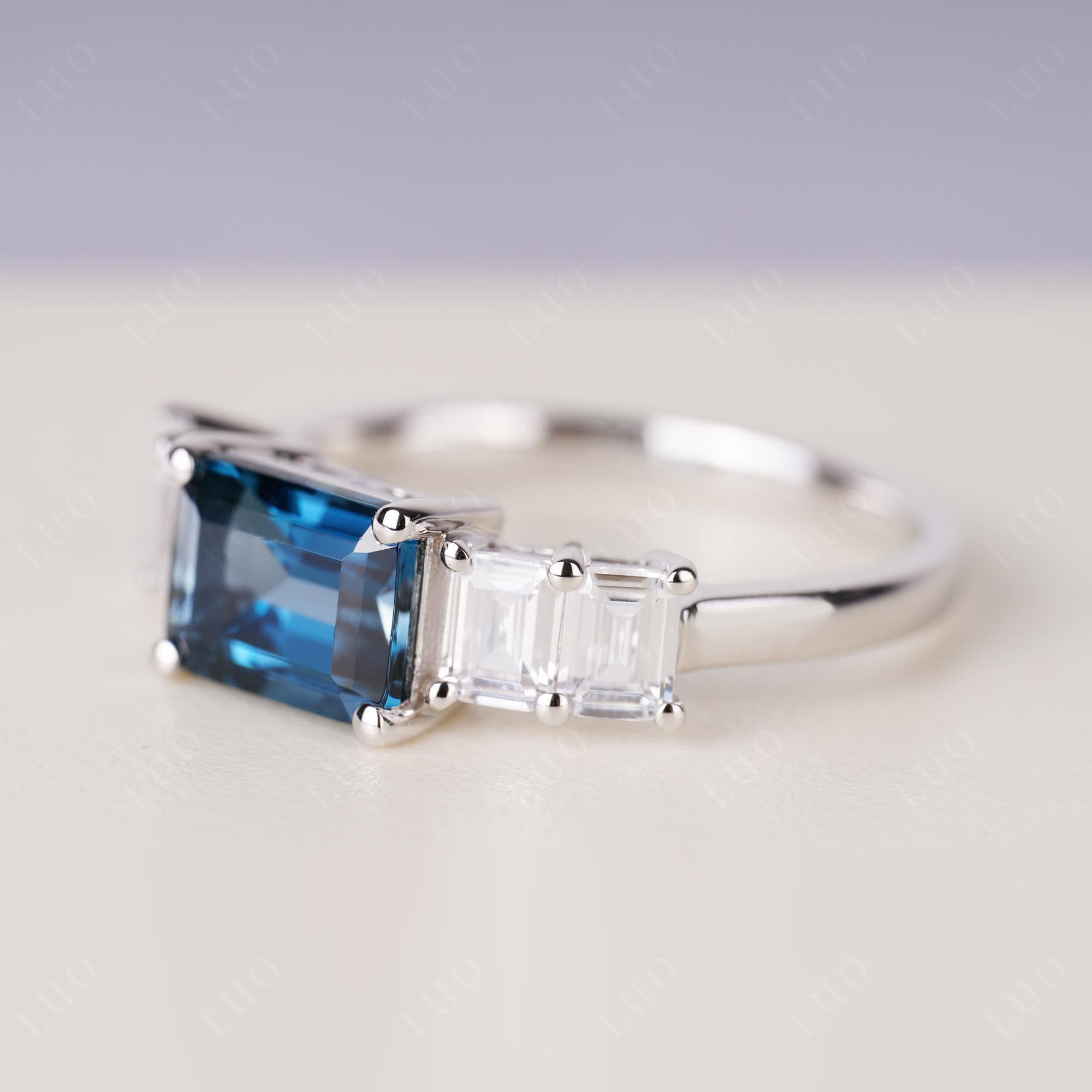 East West Emerald Cut London Blue Topaz Ring | LUO Jewelry